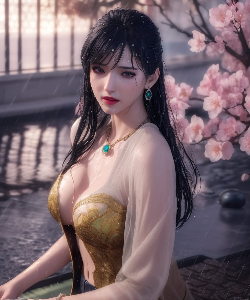 (,1girl, ,best quality, )<lora:DA_洛柔-冰火魔厨:0.8>,, ,ultra realistic 8k cg, flawless,  tamari \(flawless\), professional artwork, famous artwork, cinematic lighting, cinematic bloom, perfect face, beautiful face, fantasy, dreamlike, unreal, science fiction,  luxury, jewelry, diamond, pearl, gem, sapphire, ruby, emerald, intricate detail, delicate pattern, charming, alluring, seductive, erotic, enchanting, hair ornament, necklace, earrings, bracelet, armlet,halo,masterpiece, fantasy, realistic,science fiction,mole, ultra realistic 8k cg, ,tamari \(flawless\),  medium breasts,cherry blossoms,wet clothes,lace, lace trim,   lace-trimmed legwear,(((Best quality, masterpiece, ultra high res, (photorealistic:1.4), raw photo, 1girl, wet clothes, rain, sweat, ,wet, )))   (()), (),