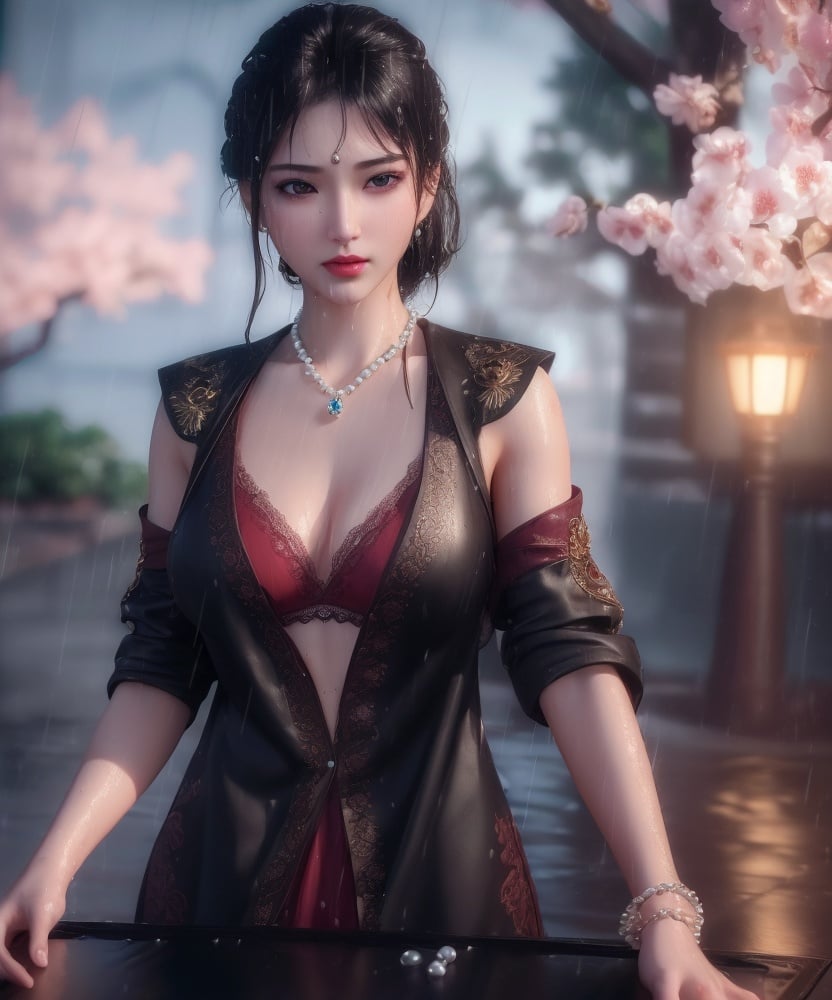 (,1girl, ,best quality, )<lora:DA_洛柔-冰火魔厨:0.8>,, ,ultra realistic 8k cg, flawless,  tamari \(flawless\), professional artwork, famous artwork, cinematic lighting, cinematic bloom, perfect face, beautiful face, fantasy, dreamlike, unreal, science fiction,  luxury, jewelry, diamond, pearl, gem, sapphire, ruby, emerald, intricate detail, delicate pattern, charming, alluring, seductive, erotic, enchanting, hair ornament, necklace, earrings, bracelet, armlet,halo,masterpiece, fantasy, realistic,science fiction,mole, ultra realistic 8k cg, ,tamari \(flawless\),  medium breasts,cherry blossoms,wet clothes,lace, lace trim,   lace-trimmed legwear,(((Best quality, masterpiece, ultra high res, (photorealistic:1.4), raw photo, 1girl, wet clothes, rain, sweat, ,wet, )))   (()), (),