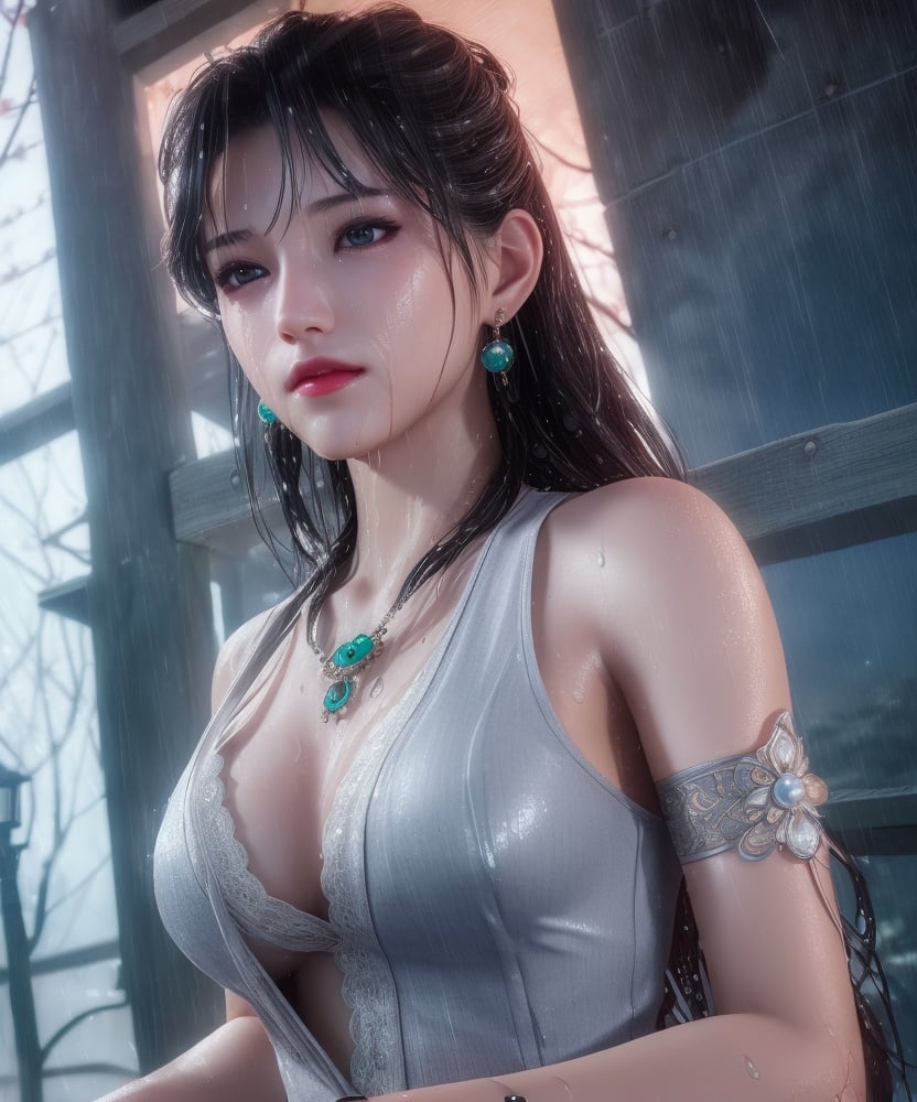 (,1girl, ,best quality, )<lora:DA_洛柔-冰火魔厨:0.8>,, ,ultra realistic 8k cg, flawless,  tamari \(flawless\), professional artwork, famous artwork, cinematic lighting, cinematic bloom, perfect face, beautiful face, fantasy, dreamlike, unreal, science fiction,  luxury, jewelry, diamond, pearl, gem, sapphire, ruby, emerald, intricate detail, delicate pattern, charming, alluring, seductive, erotic, enchanting, hair ornament, necklace, earrings, bracelet, armlet,halo,masterpiece, fantasy, realistic,science fiction,mole, ultra realistic 8k cg, ,tamari \(flawless\),  medium breasts,cherry blossoms,wet clothes,lace, lace trim,   lace-trimmed legwear,(((Best quality, masterpiece, ultra high res, (photorealistic:1.4), raw photo, 1girl, wet clothes, rain, sweat, ,wet, )))   (()), (),