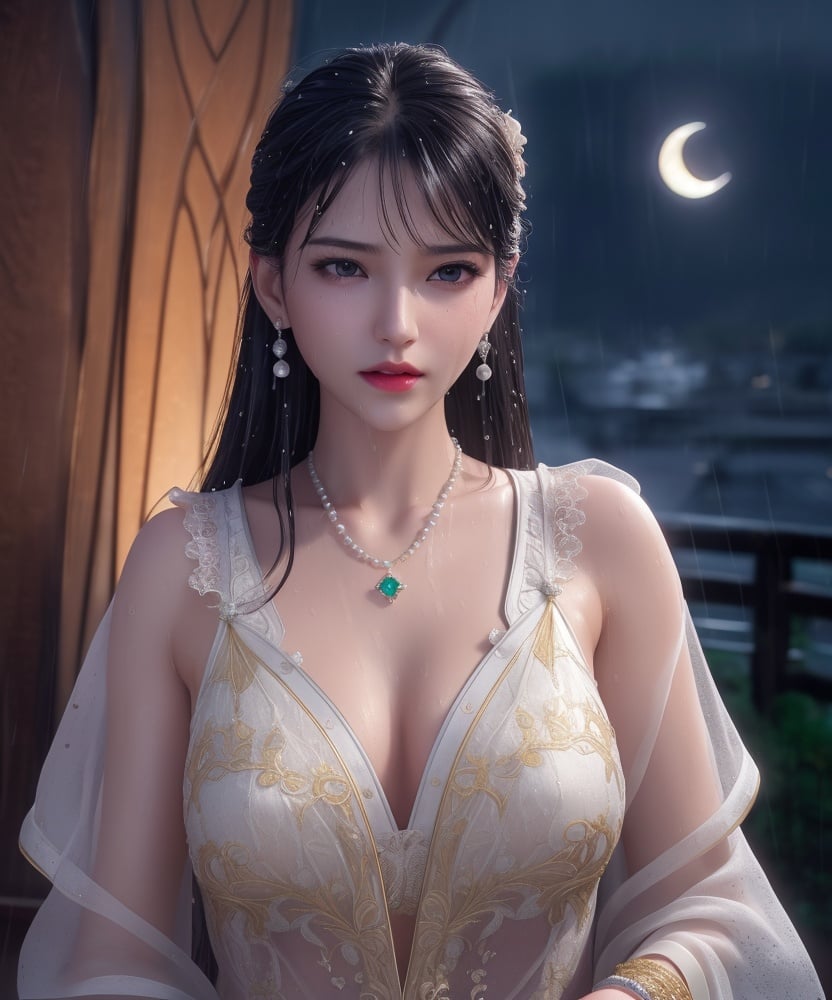 (,1girl, ,best quality, )<lora:DA_洛柔-冰火魔厨:0.7>,, ,ultra realistic 8k cg, flawless,  tamari \(flawless\), professional artwork, famous artwork, cinematic lighting, cinematic bloom, perfect face, beautiful face, fantasy, dreamlike, unreal, science fiction,  luxury, jewelry, diamond, pearl, gem, sapphire, ruby, emerald, intricate detail, delicate pattern, charming, alluring, seductive, erotic, enchanting, hair ornament, necklace, earrings, bracelet, armlet,halo,masterpiece, fantasy, realistic,science fiction,mole,  medium breasts,cherry blossoms,wet clothes,lace, lace trim,   lace-trimmed legwear,(((Best quality, masterpiece, ultra high res, (photorealistic:1.4), raw photo, 1girl, wet clothes, rain, sweat, ,wet, night, moon,  )))  (()), (),