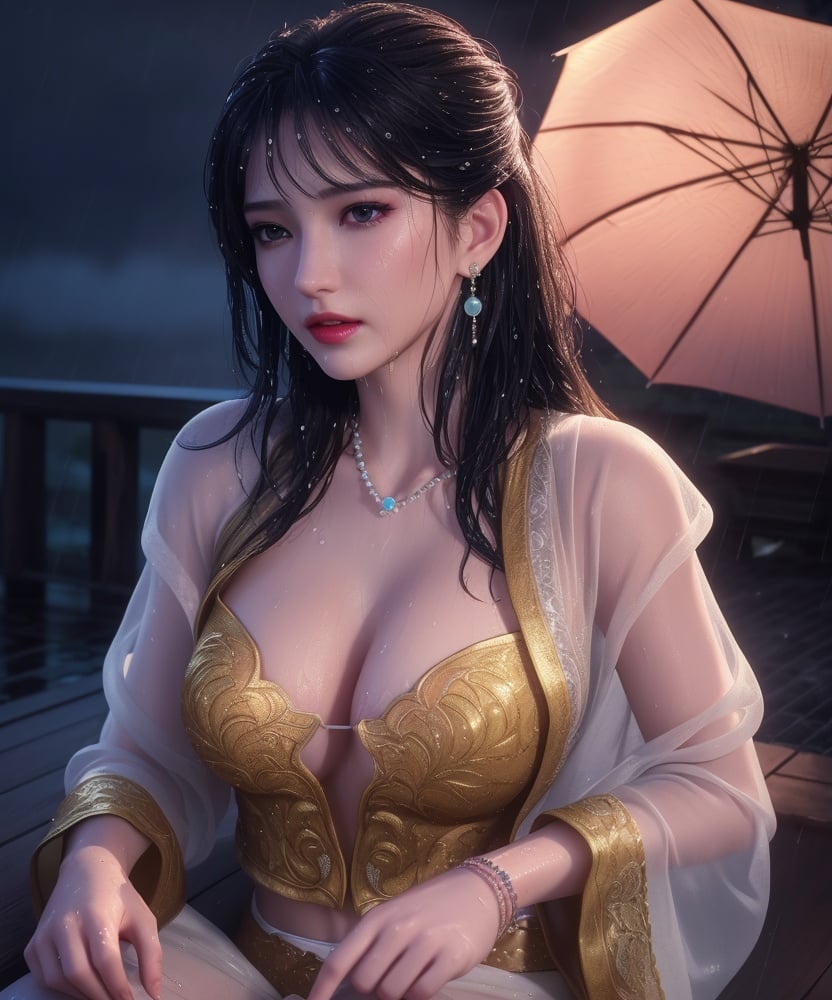 (,1girl, ,best quality, )<lora:DA_洛柔-冰火魔厨:0.7>,, ,ultra realistic 8k cg, flawless,  tamari \(flawless\), professional artwork, famous artwork, cinematic lighting, cinematic bloom, perfect face, beautiful face, fantasy, dreamlike, unreal, science fiction,  luxury, jewelry, diamond, pearl, gem, sapphire, ruby, emerald, intricate detail, delicate pattern, charming, alluring, seductive, erotic, enchanting, hair ornament, necklace, earrings, bracelet, armlet,halo,masterpiece, fantasy, realistic,science fiction,mole,  medium breasts,cherry blossoms,wet clothes,lace, lace trim,   lace-trimmed legwear,(((Best quality, masterpiece, ultra high res, (photorealistic:1.4), raw photo, 1girl, wet clothes, rain, sweat, ,wet, night, moon,  )))  (()), (),