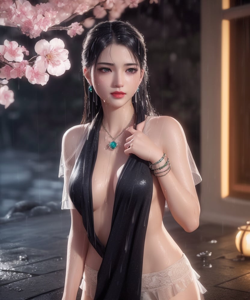 (,1girl, ,best quality, )<lora:DA_洛柔-冰火魔厨:0.8>,, ,ultra realistic 8k cg, flawless,  tamari \(flawless\), professional artwork, famous artwork, cinematic lighting, cinematic bloom, perfect face, beautiful face, fantasy, dreamlike, unreal, science fiction,  luxury, jewelry, diamond, pearl, gem, sapphire, ruby, emerald, intricate detail, delicate pattern, charming, alluring, seductive, erotic, enchanting, hair ornament, necklace, earrings, bracelet, armlet,halo,masterpiece, fantasy, realistic,science fiction,mole, ultra realistic 8k cg, ,tamari \(flawless\),  medium breasts,cherry blossoms,wet clothes,lace, lace trim,   lace-trimmed legwear,(((Best quality, masterpiece, ultra high res, (photorealistic:1.4), raw photo, 1girl, wet clothes, rain, sweat, ,wet, )))   (()), (),