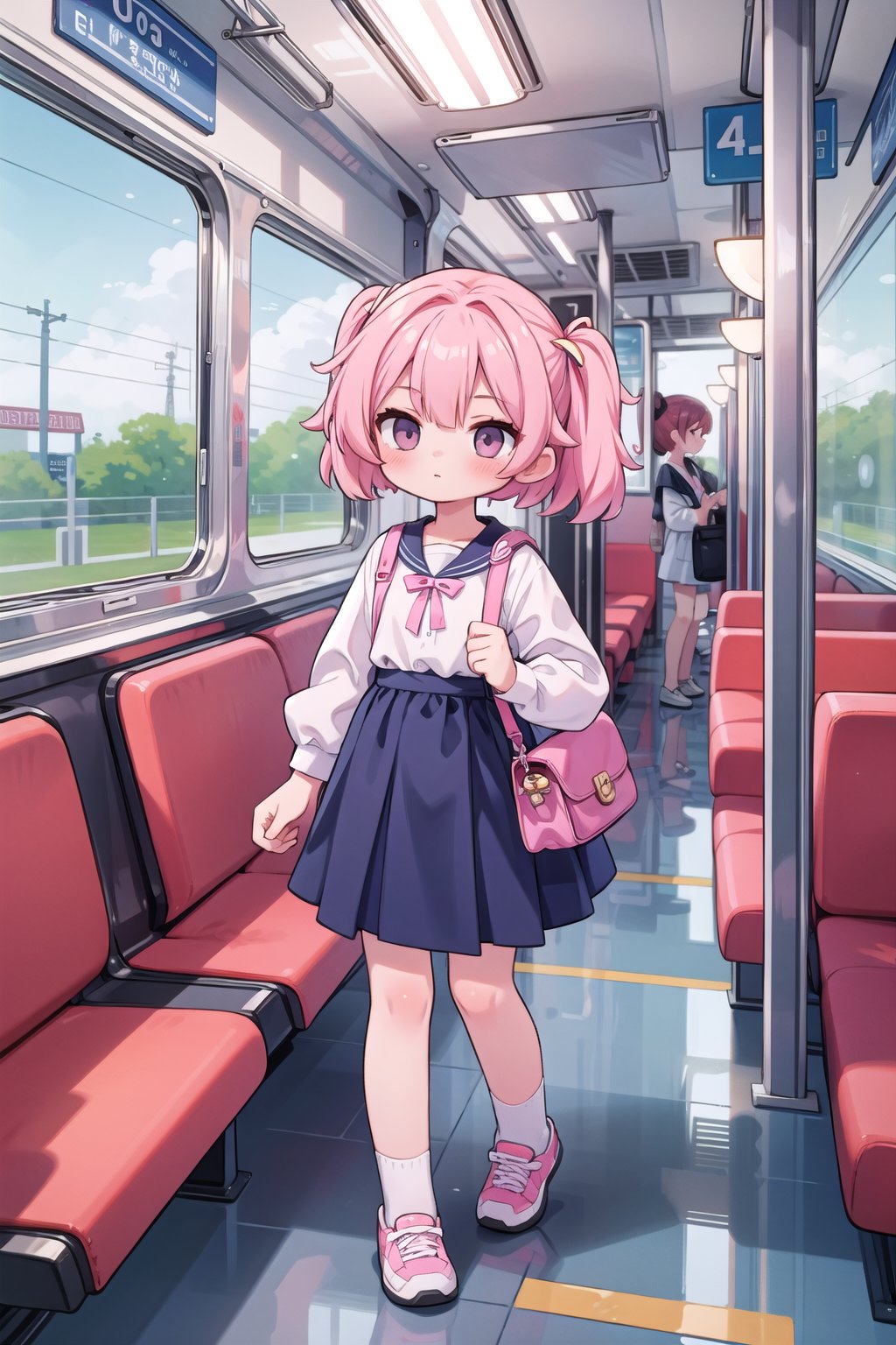 (masterpiece), 1girl, pink hair, train interior