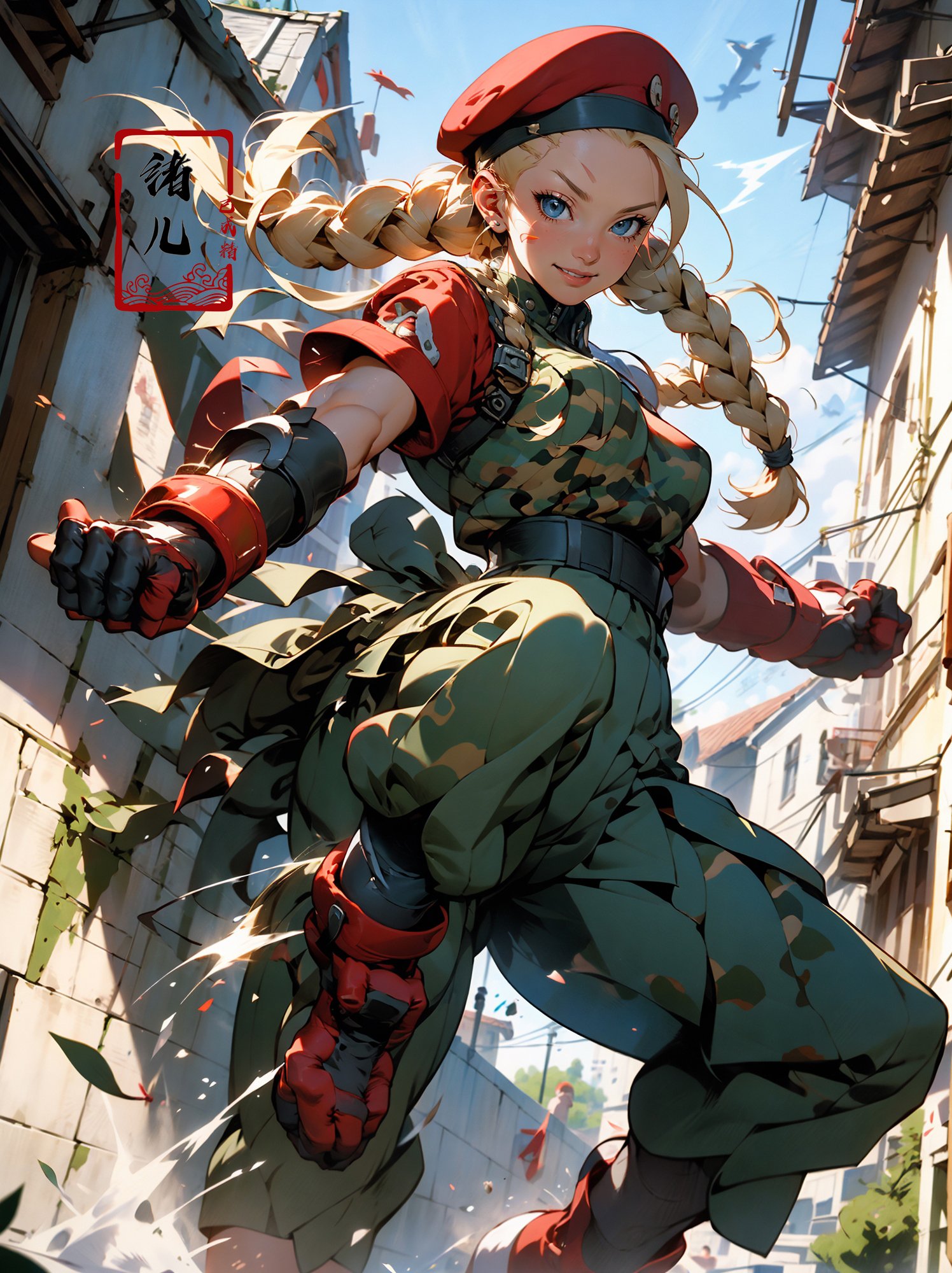 CAMMY，Epic CG masterpiece, from Capcom game Street Fighter, cammy, Cammy White (character name), red beret, camouflage face paint, confident smile, legendary fighting, skills, martial arts expert,lightning kick, spinning bird kick,<lora:绪儿-CAMMY:0.8>