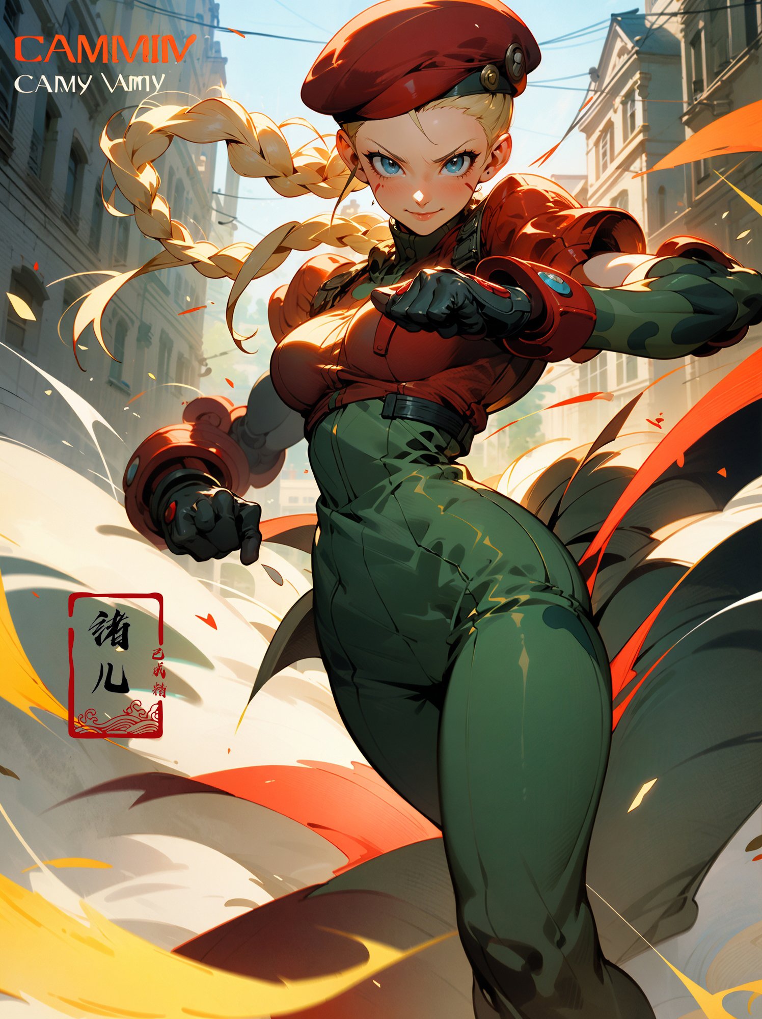 CAMMY，Epic CG masterpiece, from Capcom game Street Fighter, cammy, Cammy White (character name), red beret, camouflage face paint, confident smile,<lora:绪儿-CAMMY:0.7>