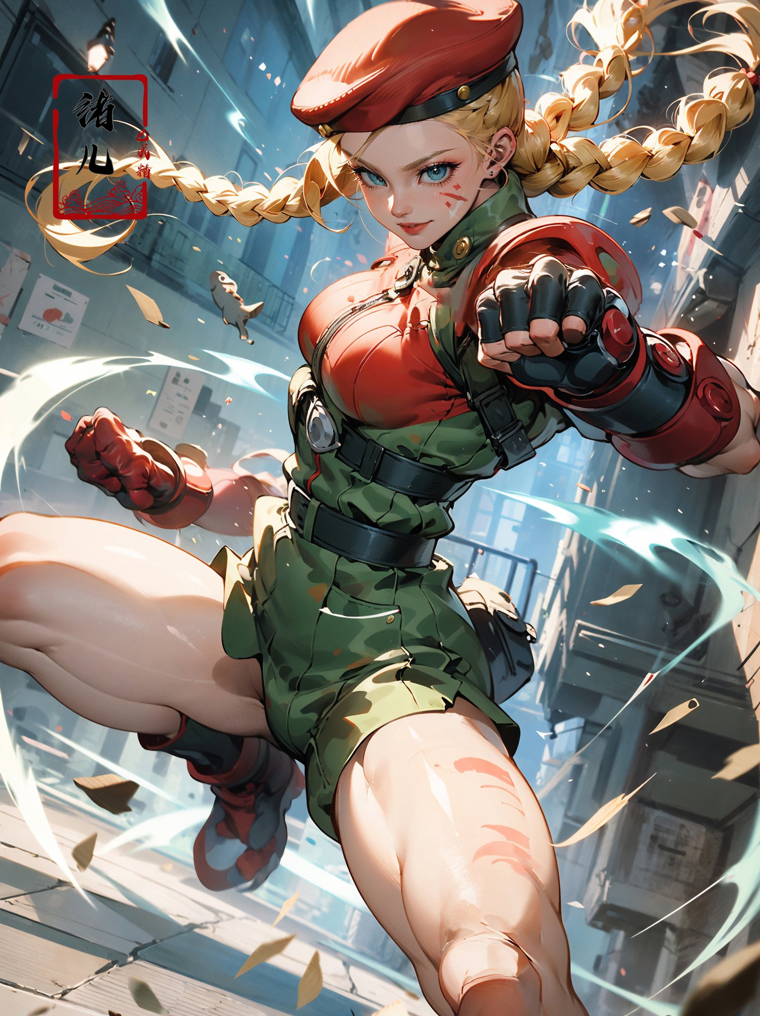 CAMMY，Epic CG masterpiece, from Capcom game Street Fighter, cammy, Cammy White (character name), red beret, camouflage face paint, confident smile, legendary fighting, skills, martial arts expert,lightning kick, spinning bird kick,<lora:绪儿-CAMMY:0.8>