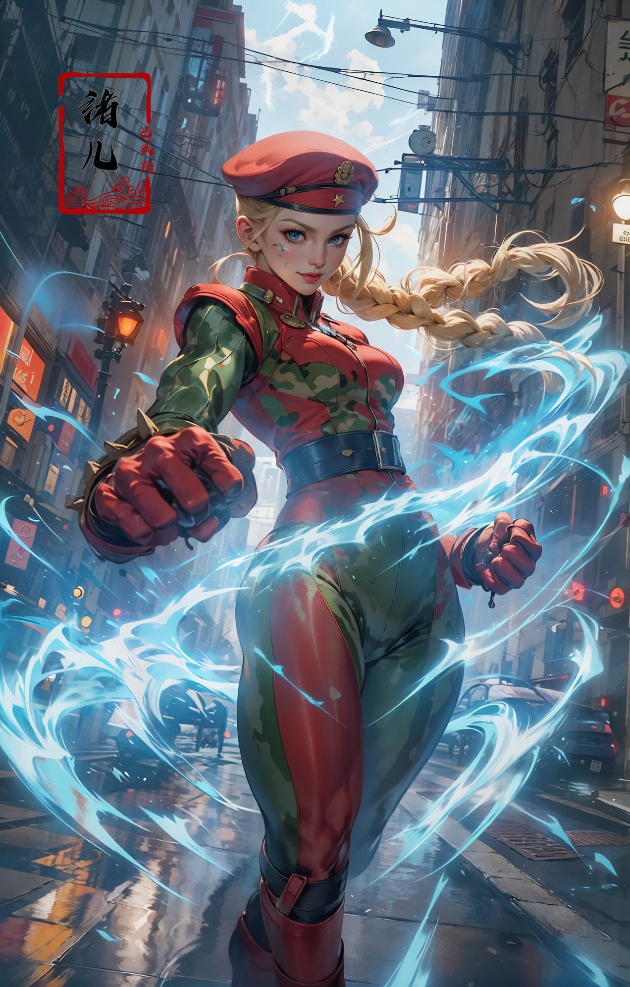 CAMMY，Epic CG masterpiece, from Capcom game Street Fighter, cammy, Cammy White (character name), red beret, camouflage face paint, confident smile, legendary fighting, skills, martial arts expert,lightning kick, spinning bird kick,<lora:绪儿-CAMMY:0.8>