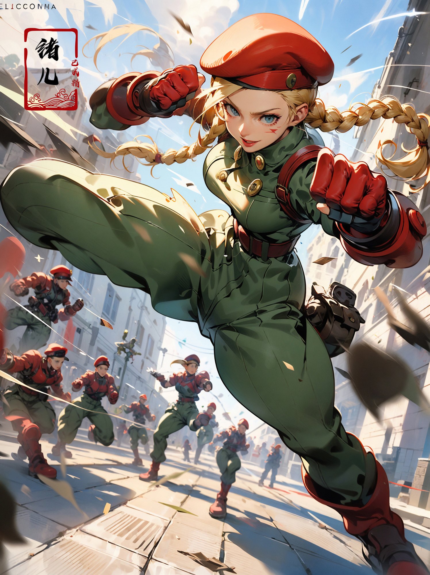 CAMMY，Epic CG masterpiece, from Capcom game Street Fighter, cammy, Cammy White (character name), red beret, camouflage face paint, confident smile, legendary fighting, skills, martial arts expert,lightning kick, spinning bird kick,<lora:绪儿-CAMMY:0.8>