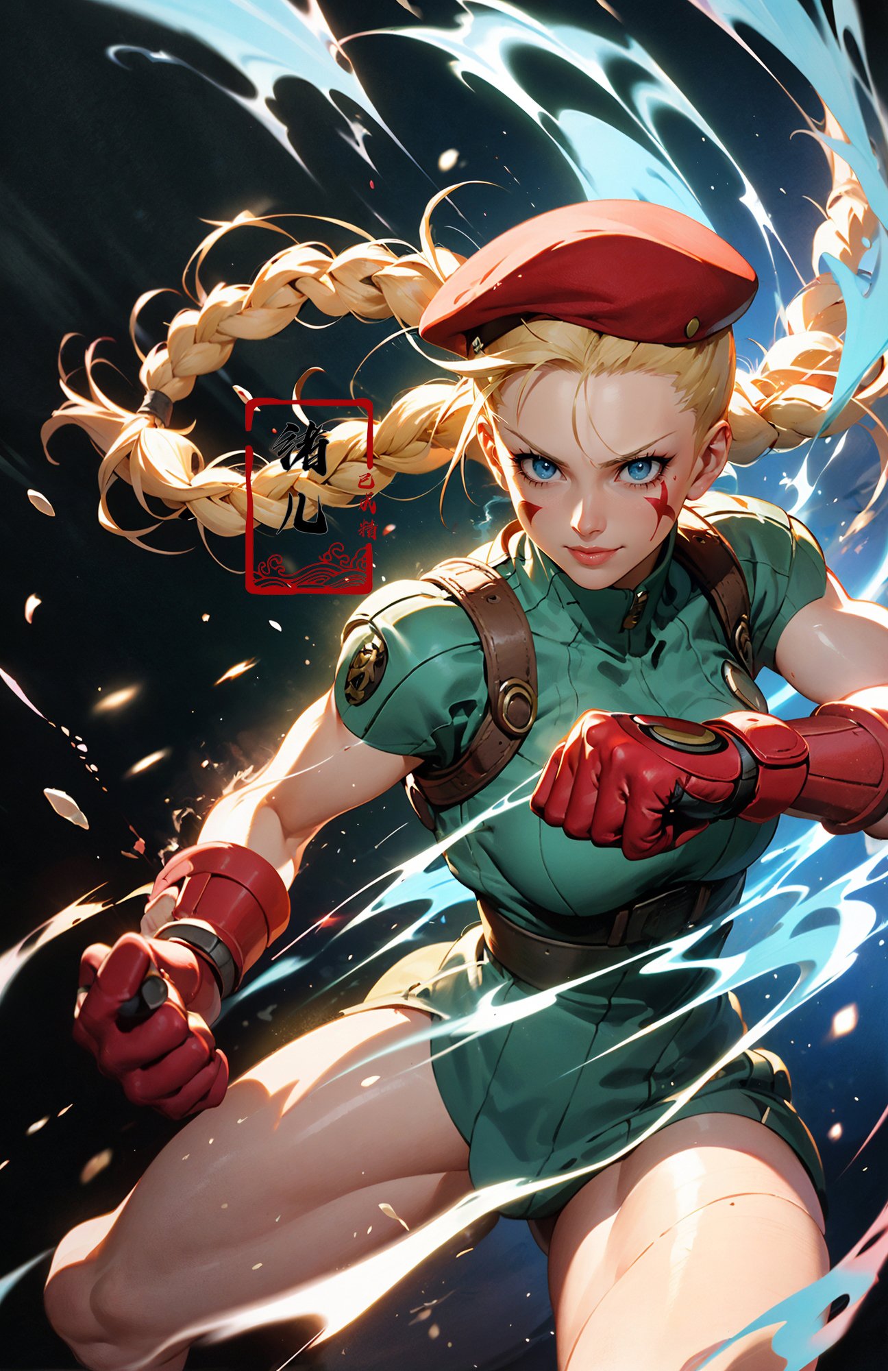 CAMMY，(Blue smoke around the body, black background:1.4)，Light pollution, glowing smoke，Epic CG masterpiece, from Capcom game Street Fighter, cammy, Cammy White (character name), red beret, camouflage face paint, confident smile, legendary fighting, skills, martial arts expert,lightning kick, spinning bird kick,<lora:绪儿-CAMMY:0.7>