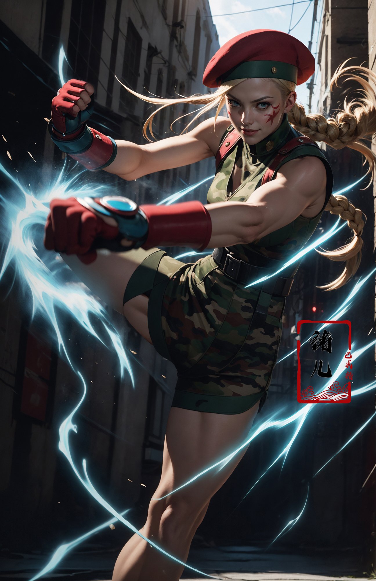 CAMMY，Epic CG masterpiece, from Capcom game Street Fighter, cammy, Cammy White (character name), red beret, camouflage face paint, confident smile, legendary fighting, skills, martial arts expert,lightning kick, spinning bird kick,<lora:绪儿-CAMMY:0.7>