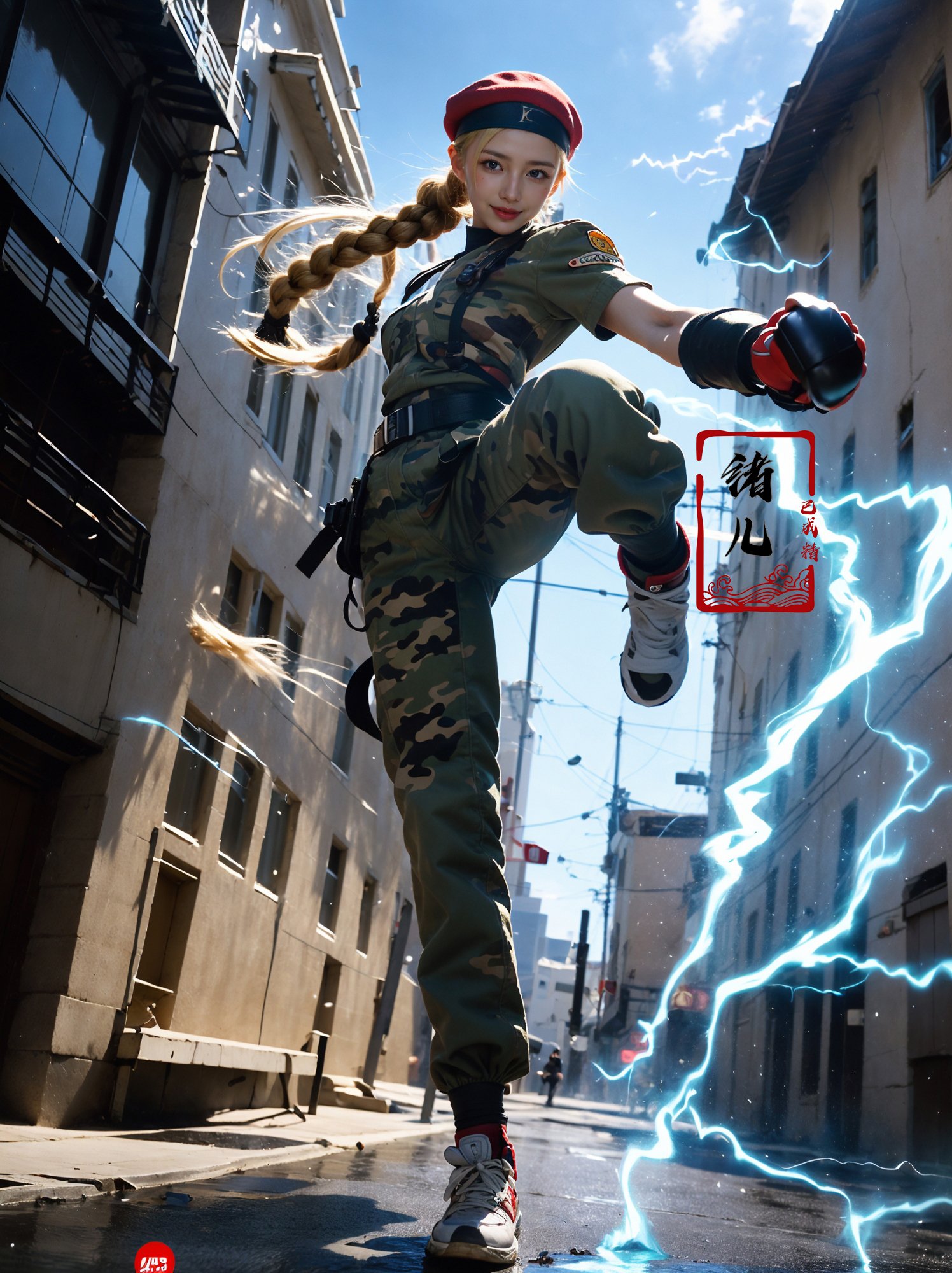 CAMMY，Epic CG masterpiece, from Capcom game Street Fighter, cammy, Cammy White (character name), red beret, camouflage face paint, confident smile, legendary fighting, skills, martial arts expert,lightning kick, spinning bird kick,<lora:绪儿-CAMMY:0.7>