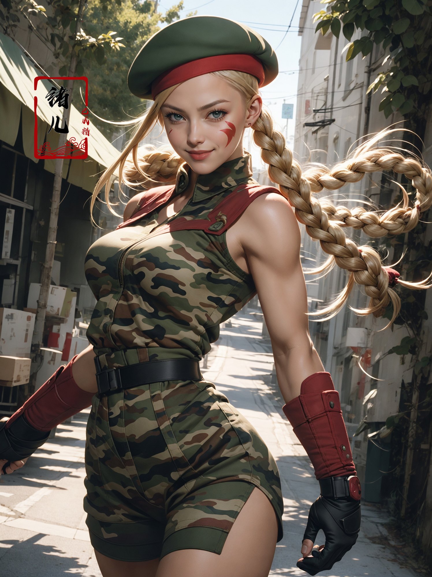 CAMMY，Epic CG masterpiece, from Capcom game Street Fighter, cammy, Cammy White (character name), red beret, camouflage face paint, confident smile,<lora:绪儿-CAMMY:0.7>