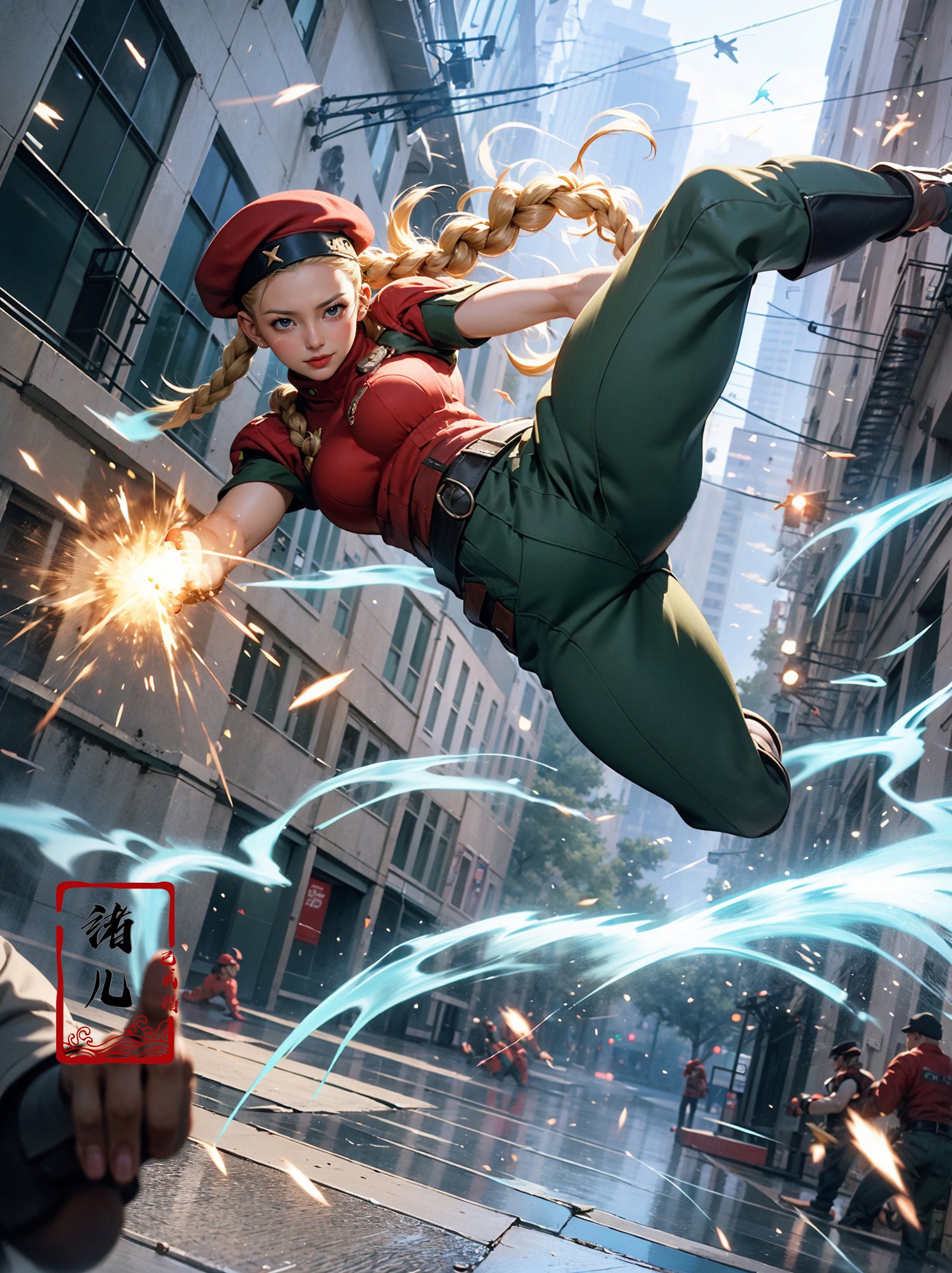 CAMMY，Epic CG masterpiece, from Capcom game Street Fighter, cammy, Cammy White (character name), red beret, camouflage face paint, confident smile, legendary fighting, skills, martial arts expert,lightning kick, spinning bird kick,jumping out between two building,stunning move,thrilling moment,high altitude,speedy,upside down,broken glass fly around,and spark,reflection,radial line,vast side view,super detail，<lora:绪儿-CAMMY:0.7>