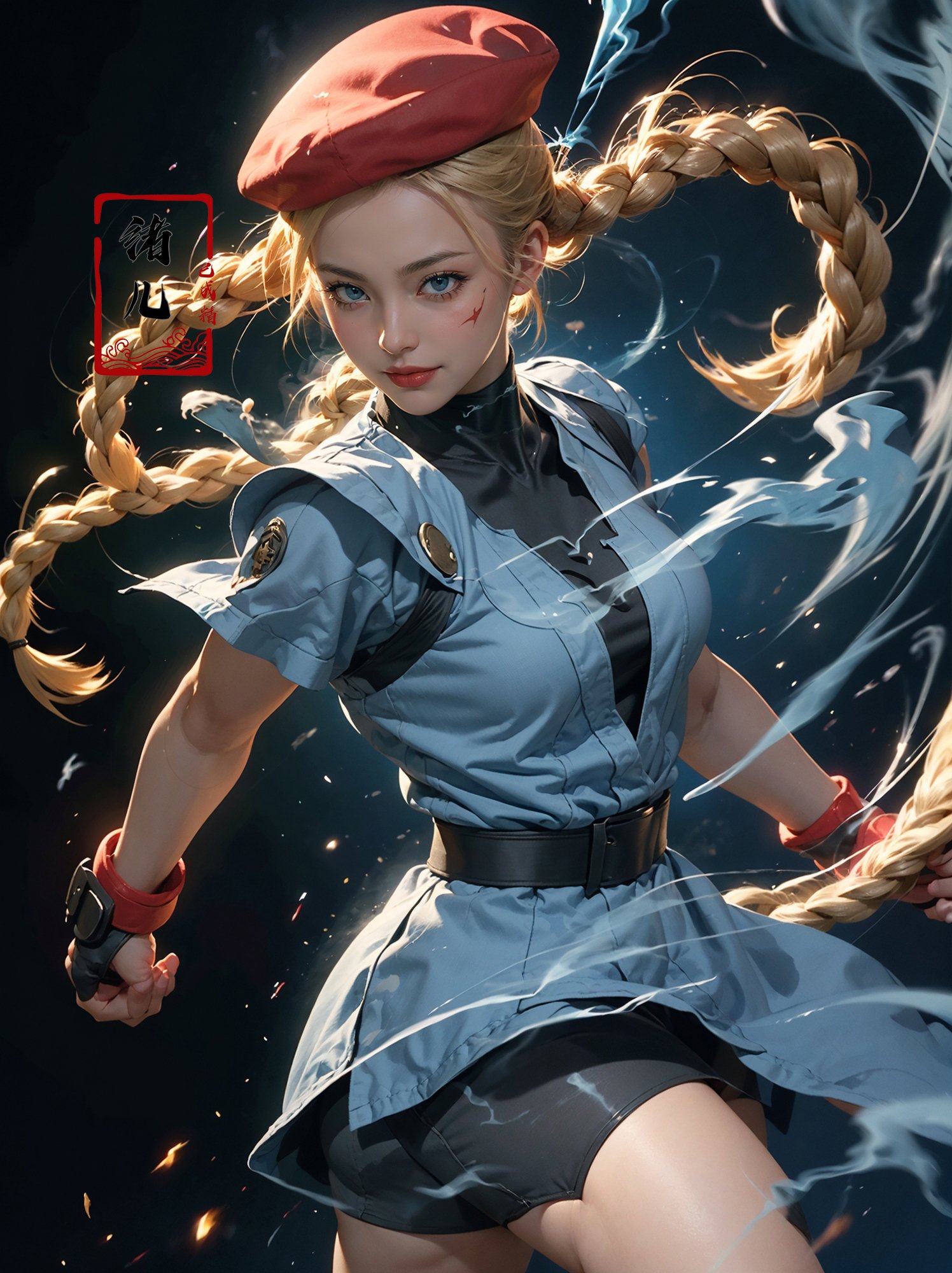 CAMMY，(Blue smoke around the body, black background:1.4)，Epic CG masterpiece, from Capcom game Street Fighter, cammy, Cammy White (character name), red beret, camouflage face paint, confident smile, legendary fighting, skills, martial arts expert,lightning kick, spinning bird kick,<lora:绪儿-CAMMY:0.7>