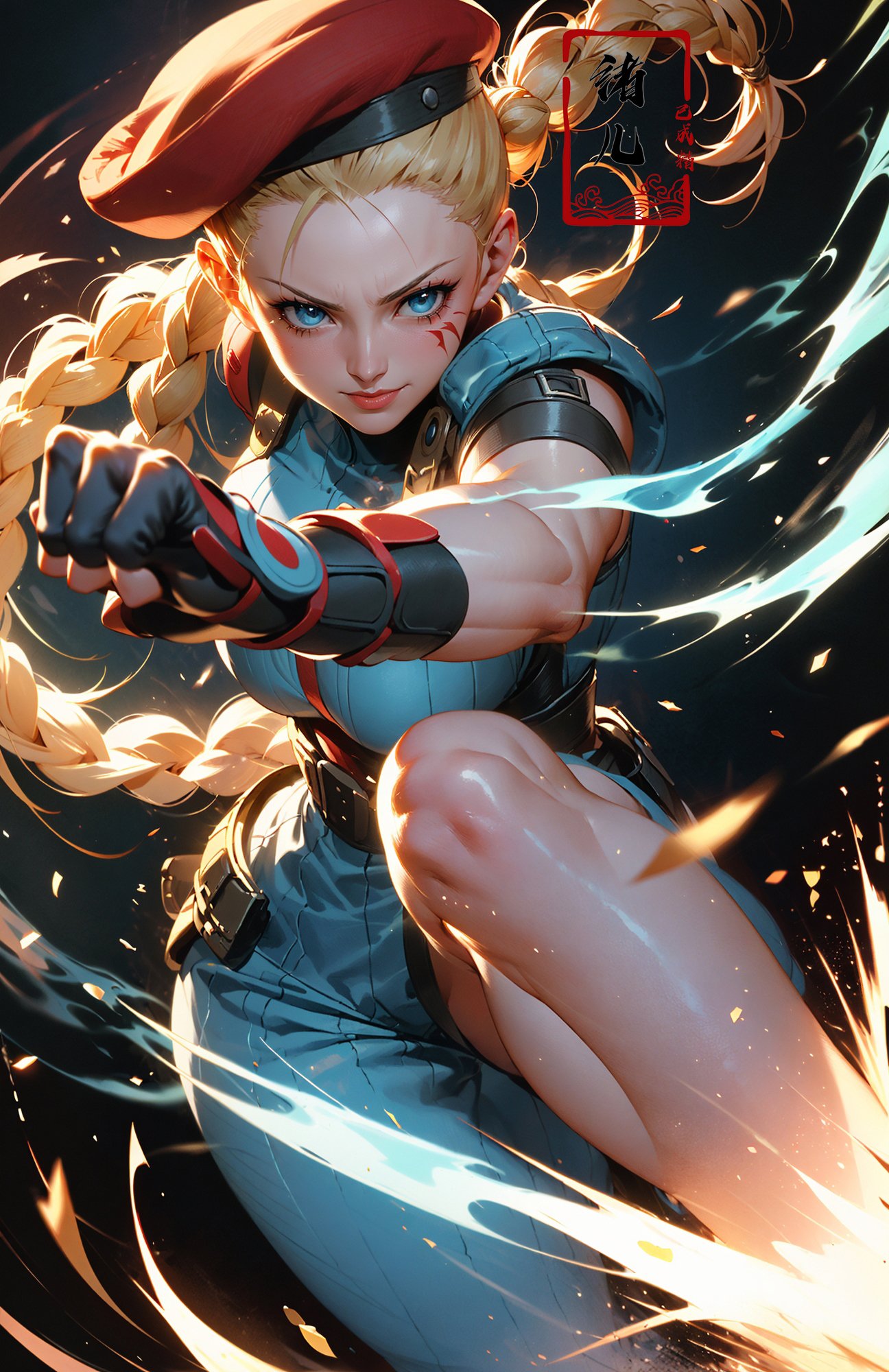 CAMMY，(Blue smoke around the body, black background:1.4)，Light pollution, glowing smoke，Epic CG masterpiece, from Capcom game Street Fighter, cammy, Cammy White (character name), red beret, camouflage face paint, confident smile, legendary fighting, skills, martial arts expert,lightning kick, spinning bird kick,<lora:绪儿-CAMMY:0.7>