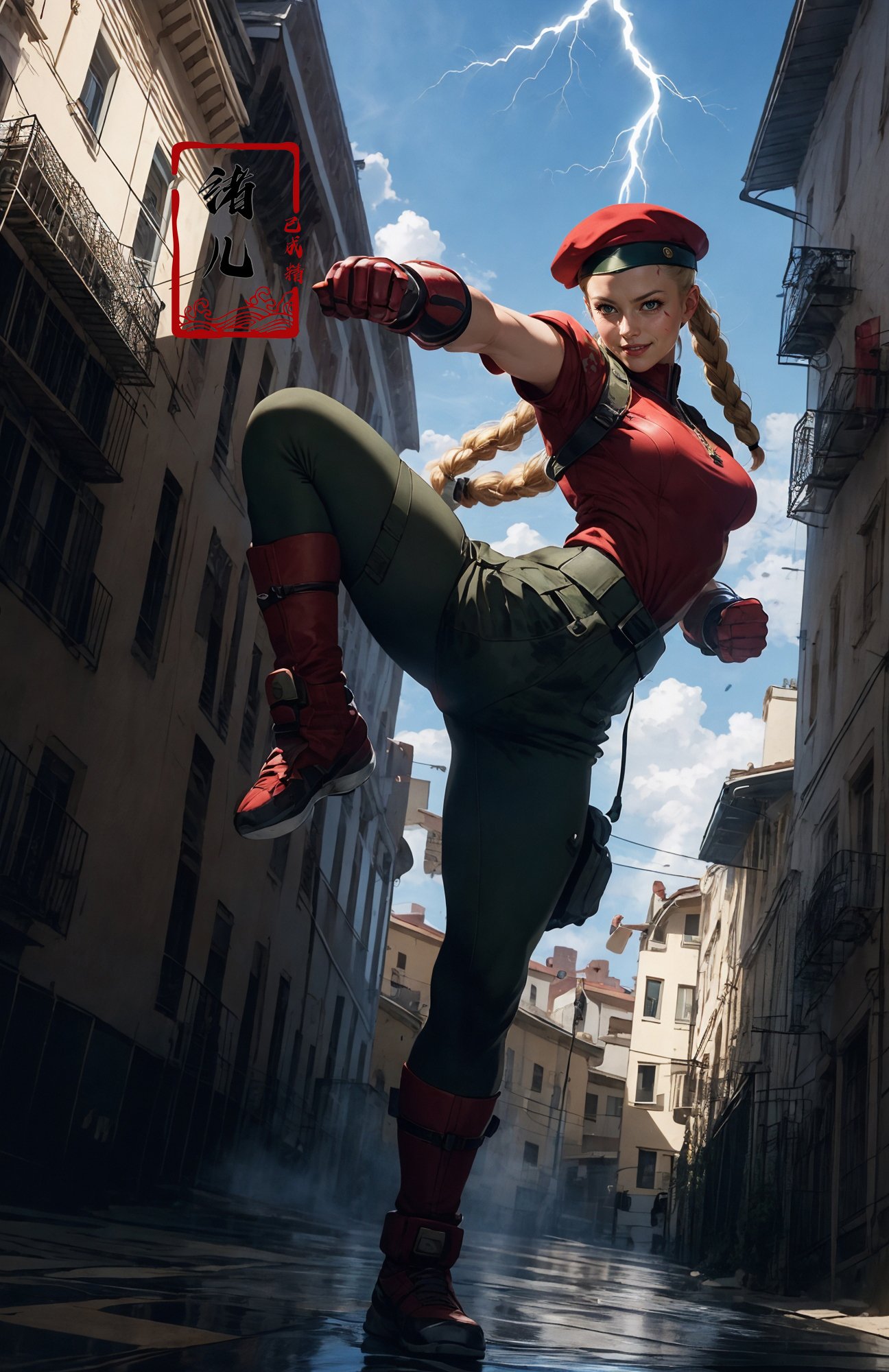 CAMMY，Epic CG masterpiece, from Capcom game Street Fighter, cammy, Cammy White (character name), red beret, camouflage face paint, confident smile, legendary fighting, skills, martial arts expert,lightning kick, spinning bird kick,<lora:绪儿-CAMMY:0.7>