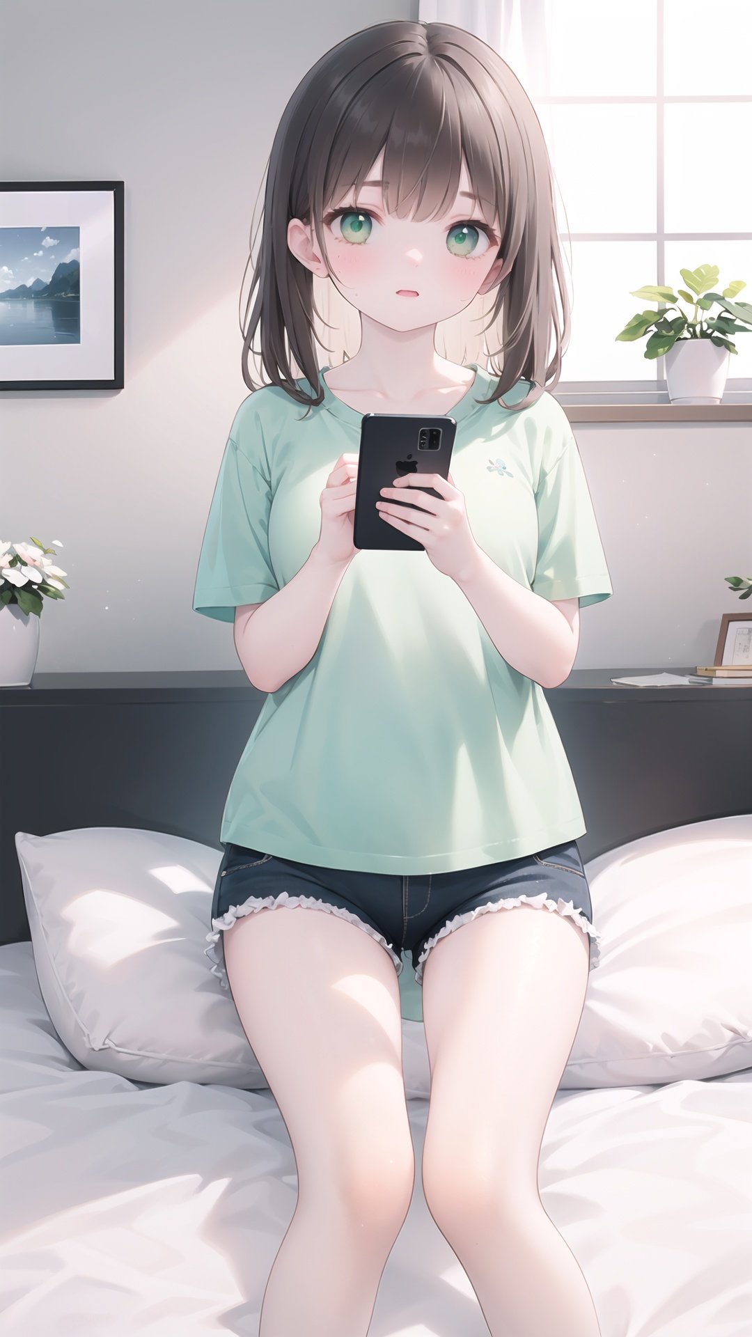 finely detail, Depth of field, (((masterpiece))), ((extremely detailed CG unity 8k wallpaper)), best quality, high resolution illustration, Amazing, highres, intricate detail, best illumination, best shadow, 1girl, cellphone, solo, pillow, brown hair, phone, bed sheet, shirt, green eyes, smartphone, blue shirt, long hair, pajamas, on bed, indoors, frills, window, short sleeves, sunlight, shorts, bed