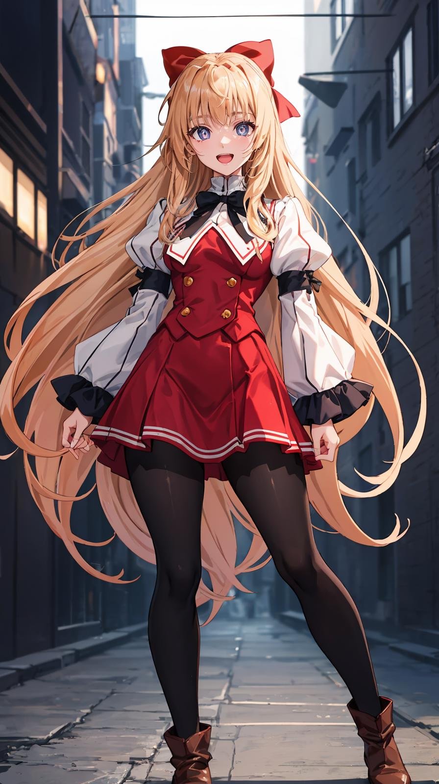 (extremely detailed CG), (best quality), 1girl, perfect face, bright pupils, (finely detailed beautiful eyes), wide hips, narrow waist, red hair bow, half updo, (red school uniform, white juliet sleeves:1.2), black pantyhose, boots, :d, full body, depth of field, standing, v legs,  <lora:KurusugawaHimeko:0.6>