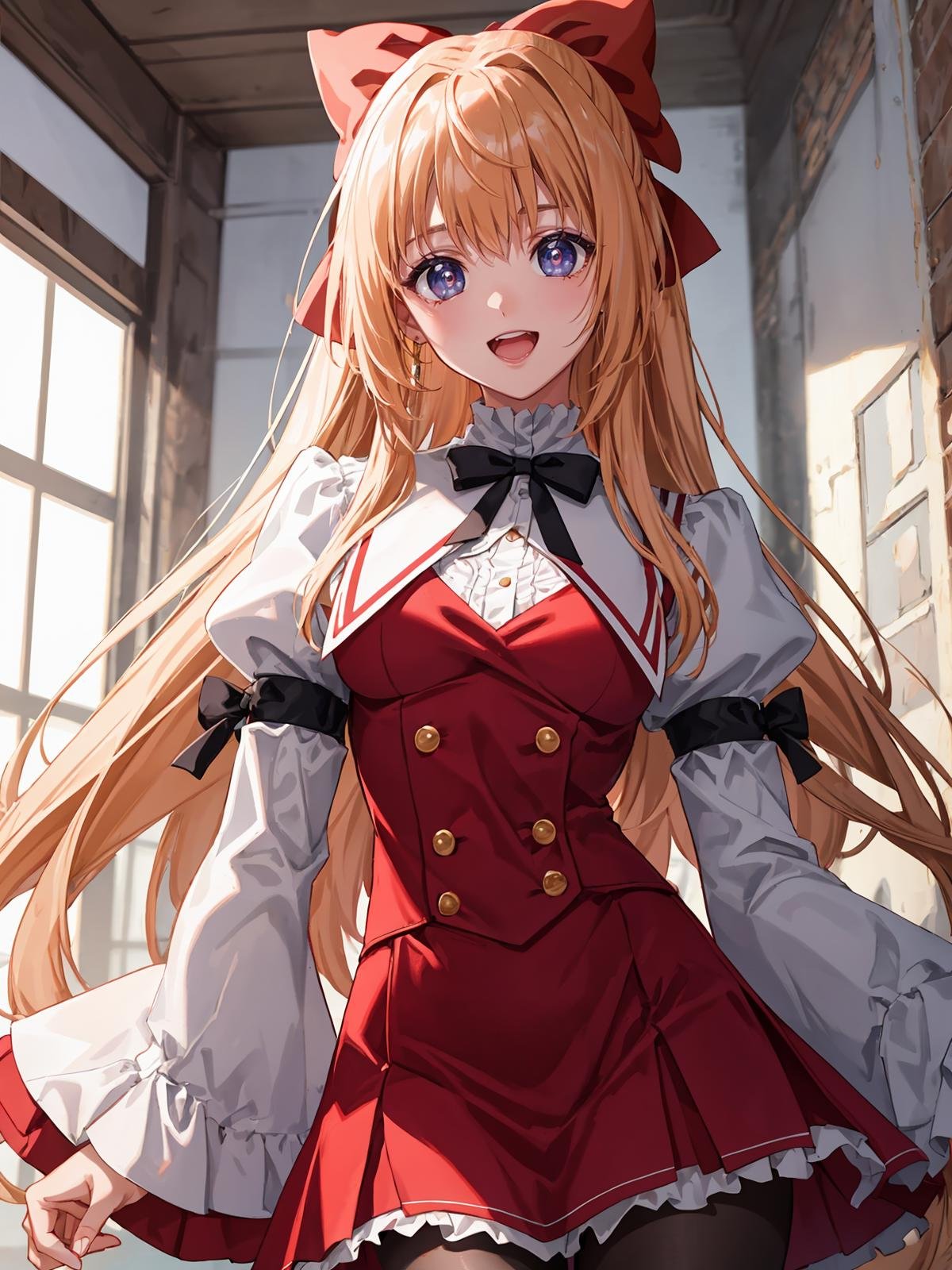 (extremely detailed CG), (best quality), 1girl, perfect face, bright pupils, (finely detailed beautiful eyes), wide hips, narrow waist, red hair bow, half updo, (red school uniform, white juliet sleeves:1.1), black pantyhose, cowboy shot, :d, <lora:KurusugawaHimeko:0.6>