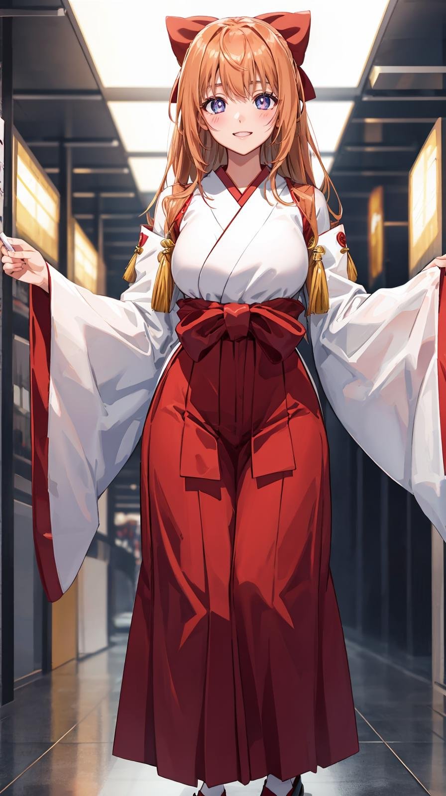 (extremely detailed CG), (best quality), 1girl, perfect face, bright pupils, (finely detailed beautiful eyes), wide hips, narrow waist, red hair bow, half updo,  miko, japanese clothes, (red hakama:1.3), long sleeves, light smile, blush, standing, full body, depth of field, <lora:KurusugawaHimeko:0.6>