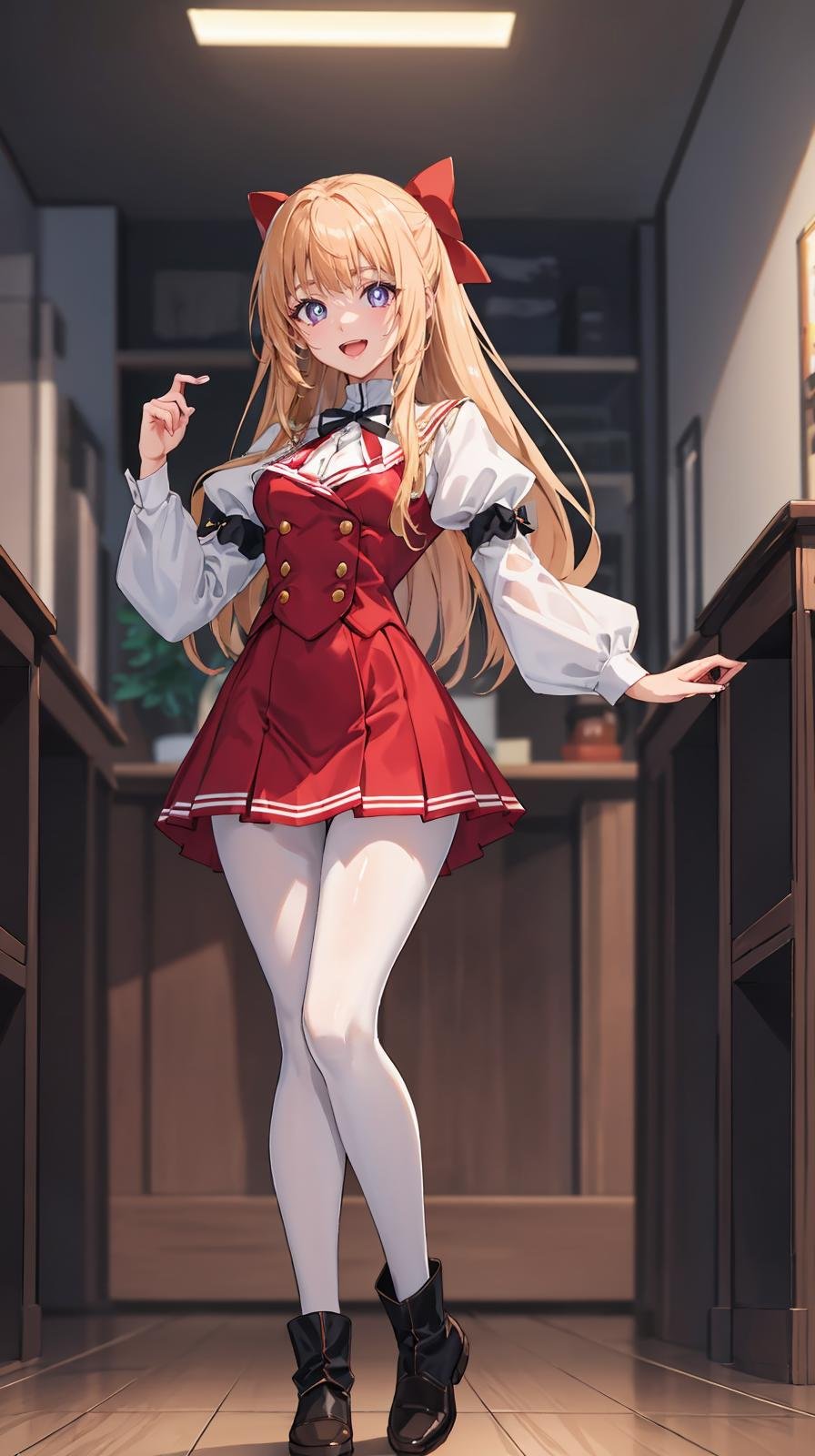 (extremely detailed CG), (best quality), 1girl, perfect face, bright pupils, (finely detailed beautiful eyes), wide hips, narrow waist, red hair bow, half updo, (red school uniform, white juliet sleeves:1.2), black pantyhose, boots, :d, full body, depth of field, standing, v legs,  <lora:KurusugawaHimeko:0.6>