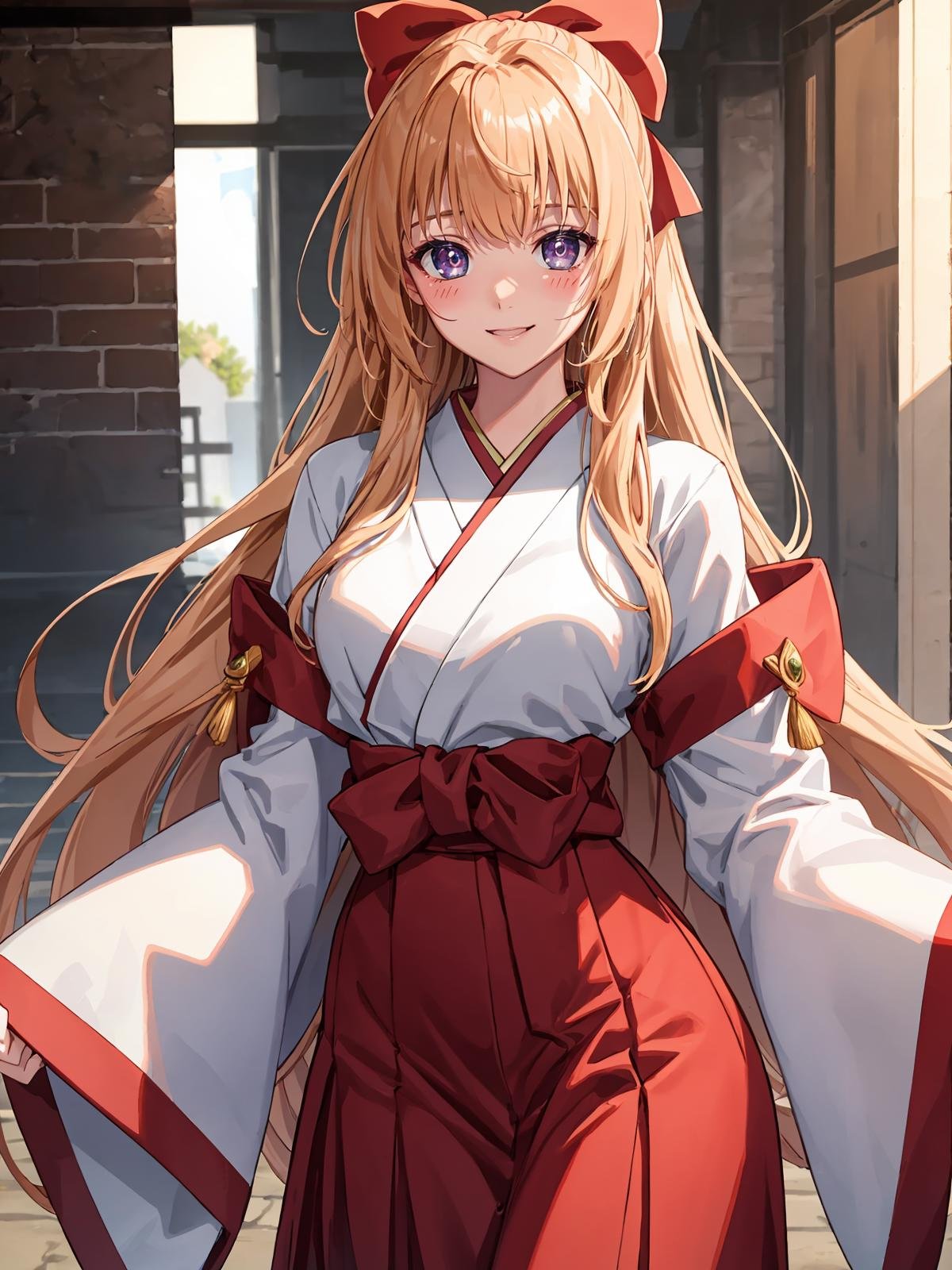 (extremely detailed CG), (best quality), 1girl, perfect face, bright pupils, (finely detailed beautiful eyes), wide hips, narrow waist, red hair bow, half updo,  miko, japanese clothes, red hakama, long sleeves, cowboy shot, light smile, blush, <lora:KurusugawaHimeko:0.6>