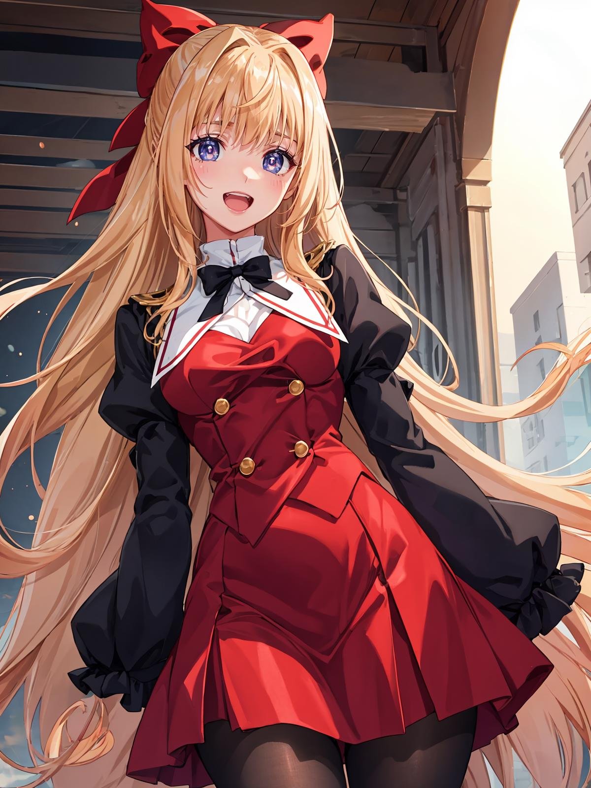 (extremely detailed CG), (best quality), 1girl, perfect face, bright pupils, (finely detailed beautiful eyes), wide hips, narrow waist, red hair bow, half updo, red school uniform, juliet sleeves, black pantyhose, cowboy shot, :d, <lora:KurusugawaHimeko:0.6>