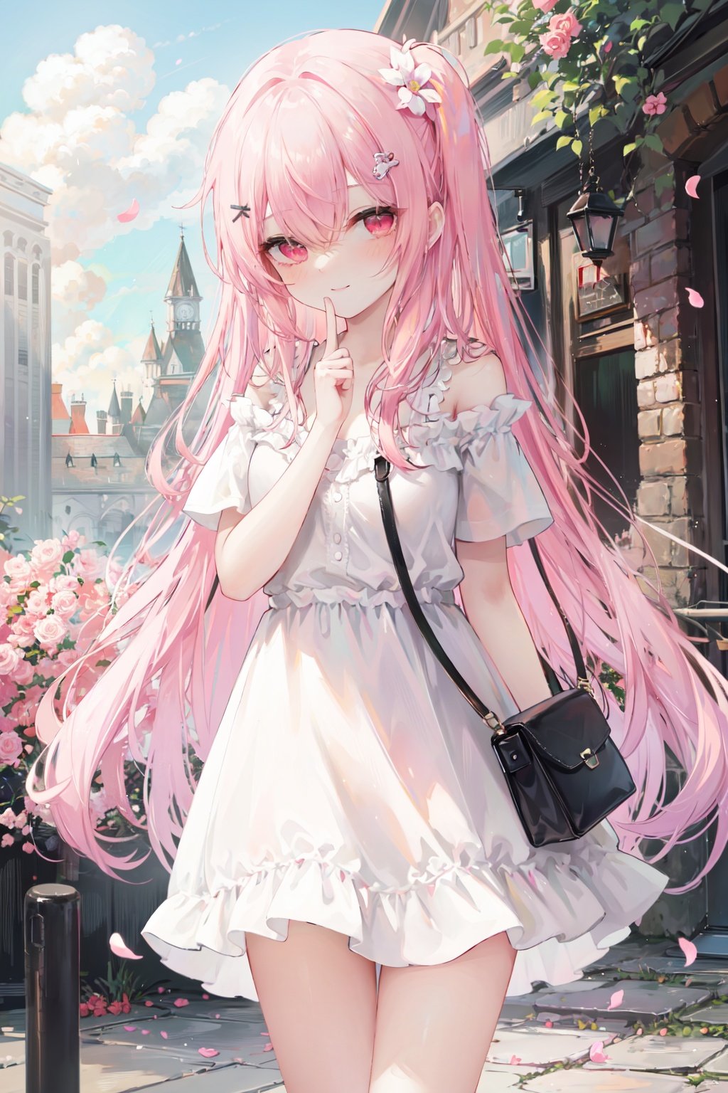 1girl, solo, long hair, pink hair, very long hair, bangs, outdoors, dress, hair ornament, smile, finger to mouth, white dress, hair between eyes, looking at viewer, short sleeves, blush, closed mouth, pink flower, flower, hairclip, day, red eyes, shoulder bag, bag, standing, hand up, index finger raised, petals, between legs, heart<lora:guizhencaohdLycoris:0.6>,