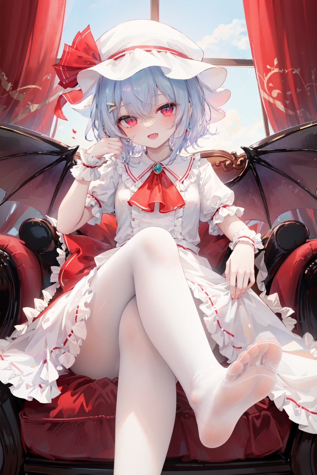 1girl,solo,remilia scarlet,hat,wings,mob cap,no shoes,sitting,pantyhose,dress,bat wings,red eyes,red ascot,smile,short sleeves,white pantyhose,puffy sleeves,wrist cuffs,collared dress,looking at viewer,short hair,ascot,open mouth,feet,puffy short sleeves,blush,fang,frills,hair between eyes,chair,crossed legs,bangs,jewelry,hat ribbon,white dress,soles,eyes visible through hair,foot focus,white headwear,red ribbon,ribbon,curtains,pink dress,toes,<lora:guizhencaohdLycoris:0.5>,