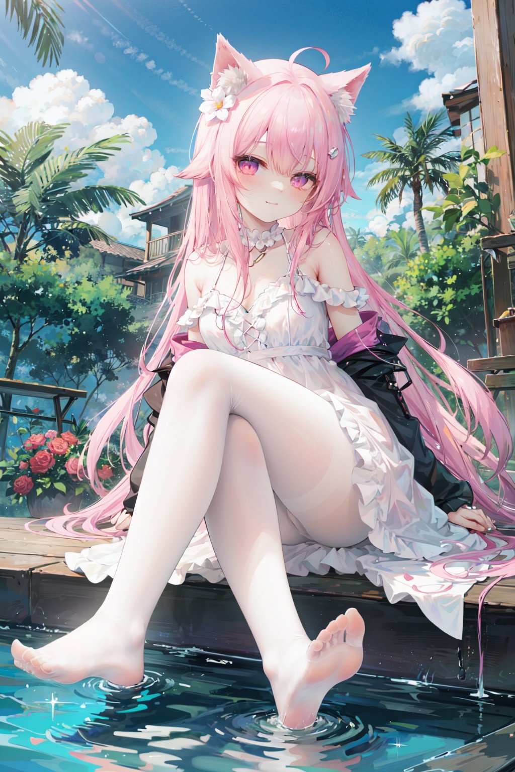 1girl,solo,white pantyhose,long hair,no shoes,feet,pink hair,smile,pantyhose,animal ears,sitting,pink eyes,dress,hair flower,flower,hair ornament,looking at viewer,legs,ahoge,toes,crossed legs,blush,bangs,closed mouth,heart,heart ahoge,soles,white dress,very long hair,full body,bare shoulders,virtual youtuber,frills,<lora:guizhencaohdLycoris:0.5>,