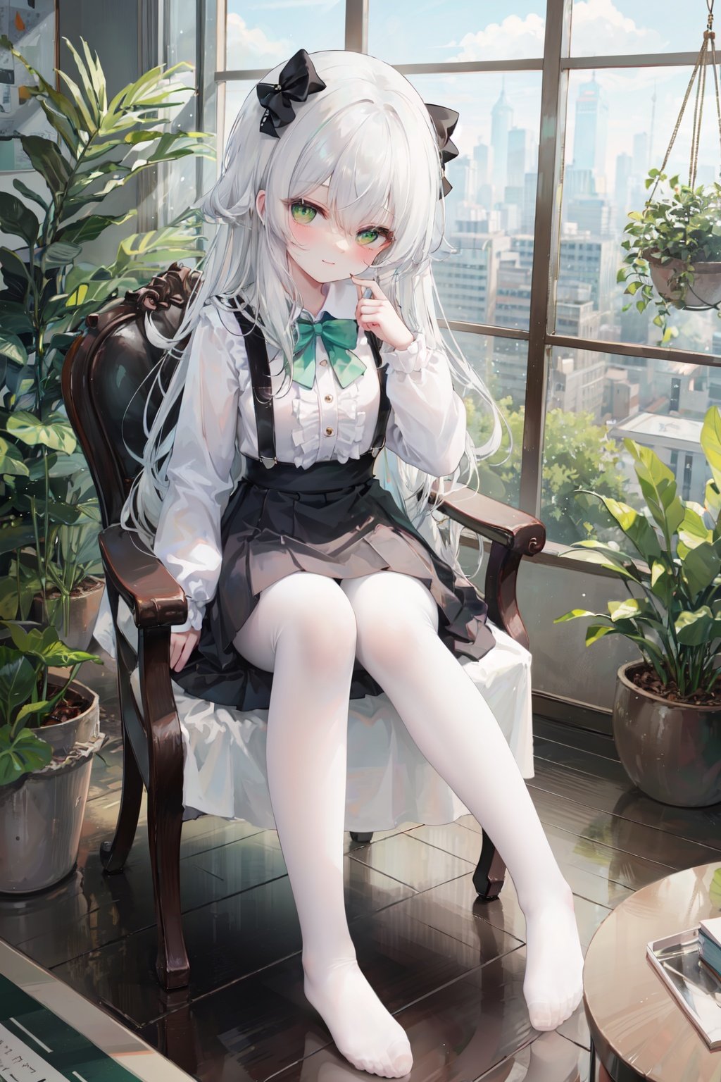 1girl, solo, pantyhose, green eyes, white pantyhose, center frills, long hair, long sleeves, frills, bow, no shoes, sitting, shirt, hair between eyes, skirt, white shirt, smile, chair, bangs, hair bow, looking at viewer, very long hair, closed mouth, blush, frilled skirt, on chair, sleeves past wrists, full body, indoors, black skirt, suspender skirt, green theme, green bow, white bow, feet, plant, white hair, puffy long sleeves, day, suspenders<lora:guizhencaohdLycoris:0.5>,