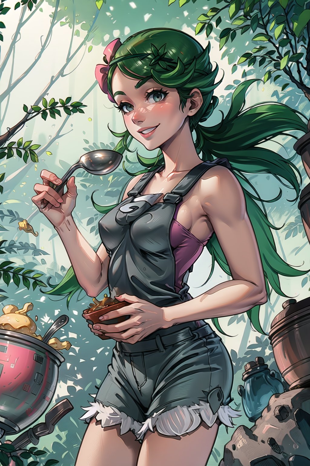 <lora:MallowLora-15:0.7>, mallow \(pokemon\), medium breasts, grey overalls, grey shorts, pink shirt, holding ladle, cooking pot, pot, smile, soup, jungle, outdoors, 