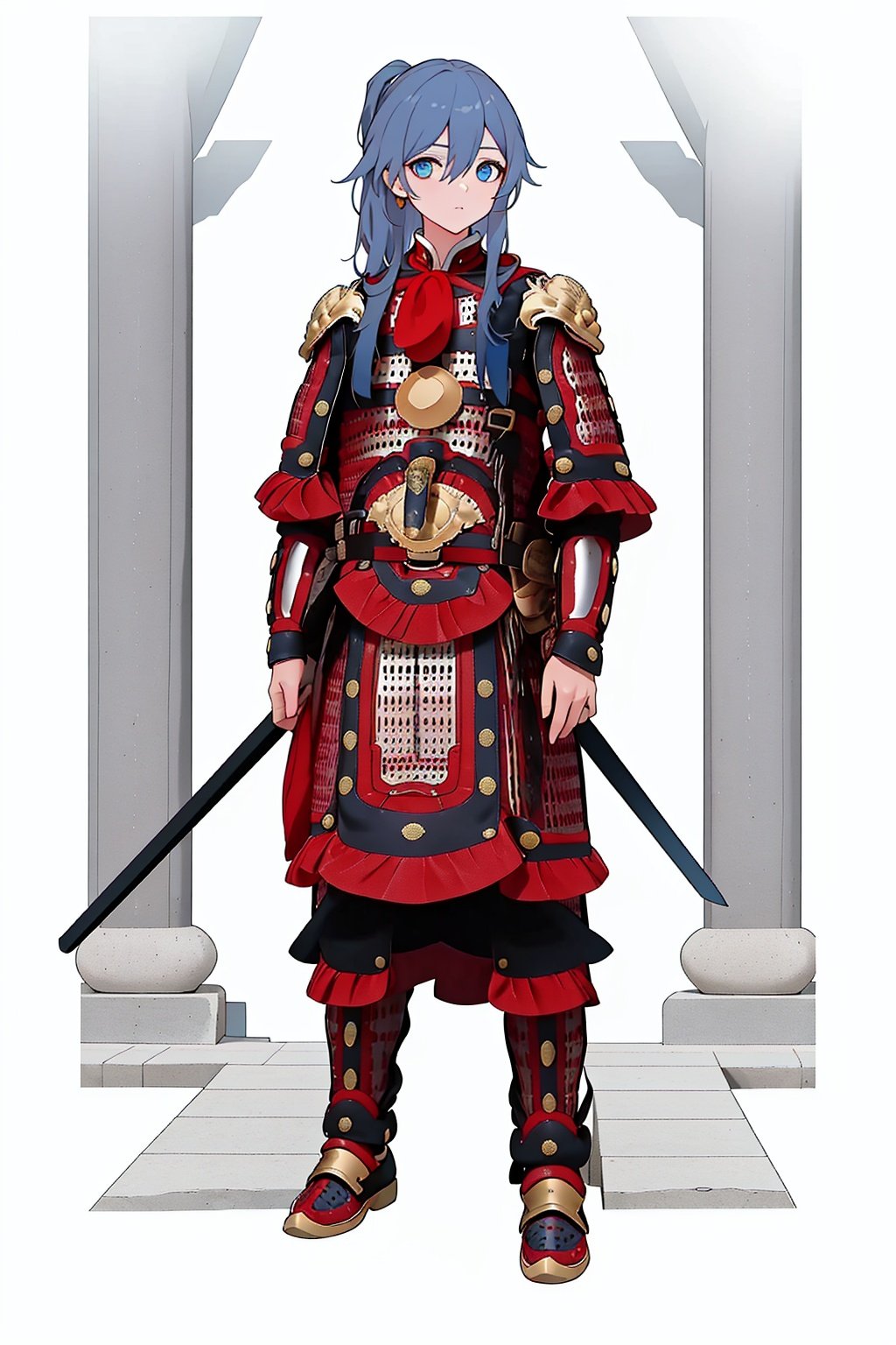  (masterpiece:1.3), (the best quality:1.2), (super fine illustrations:1.2), (Masterpiece), high quality, high detail, ((white background:1.2)), looking at viewer, (SOLO:1.4), outline, , simple background,blue eyes,hair between eyes,armor,shoulder armor,fu hua,gloves,grey hair,braid,messy hair,sheathed,sword,ponytail,jewelry,pauldrons,full armor,gauntlets,breastplate,