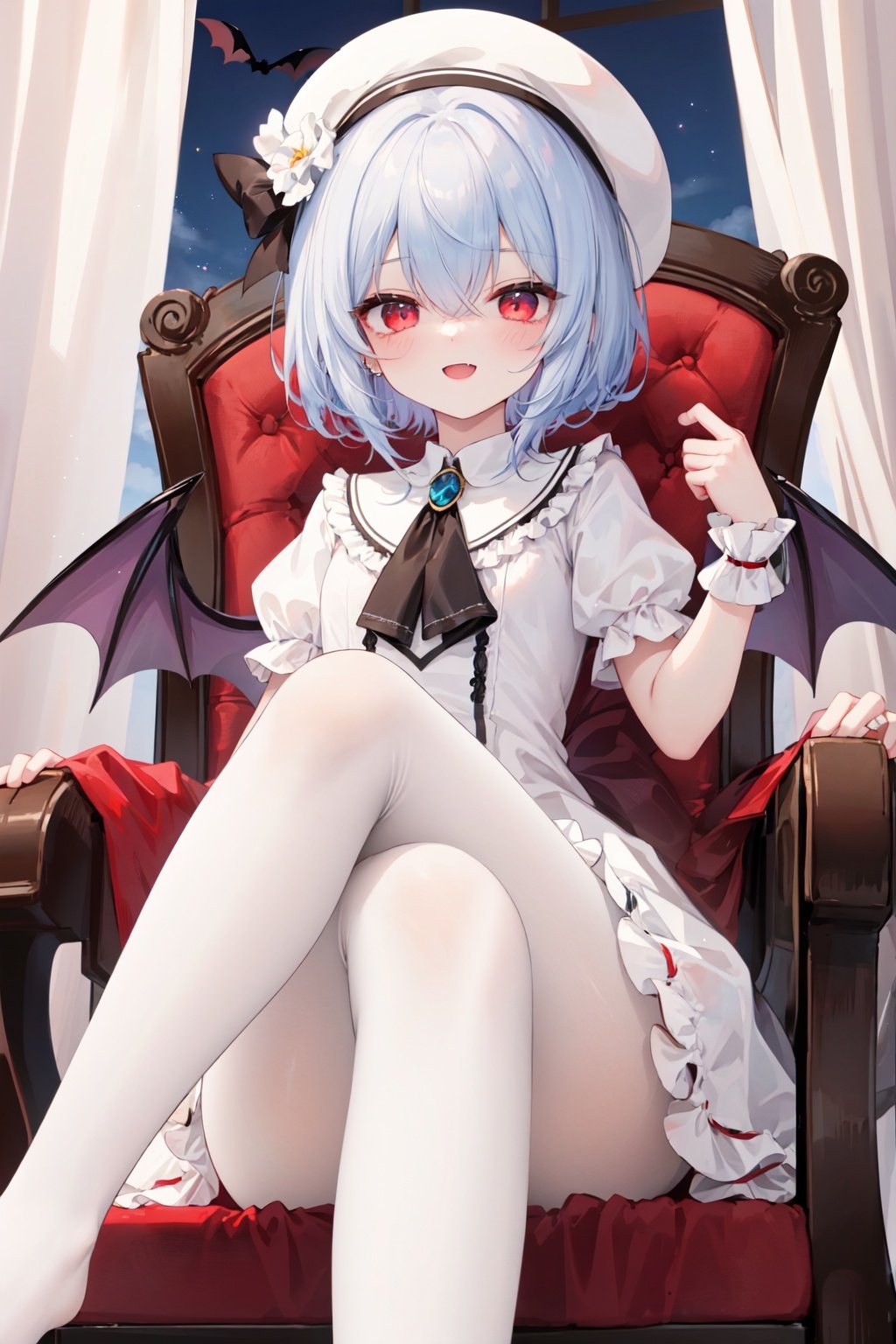 1girl, solo, remilia scarlet, hat, wings, mob cap, no shoes, sitting, pantyhose, dress, bat wings, red eyes, red ascot, smile, short sleeves, white pantyhose, puffy sleeves, wrist cuffs, collared dress, looking at viewer, short hair, ascot, open mouth, feet, puffy short sleeves, blush, fang, frills, hair between eyes, chair, crossed legs, bangs, jewelry, hat ribbon, white dress, soles, eyes visible through hair, foot focus, white headwear, red ribbon, ribbon, curtains, pink dress, toes<lora:GZC:0.6>,