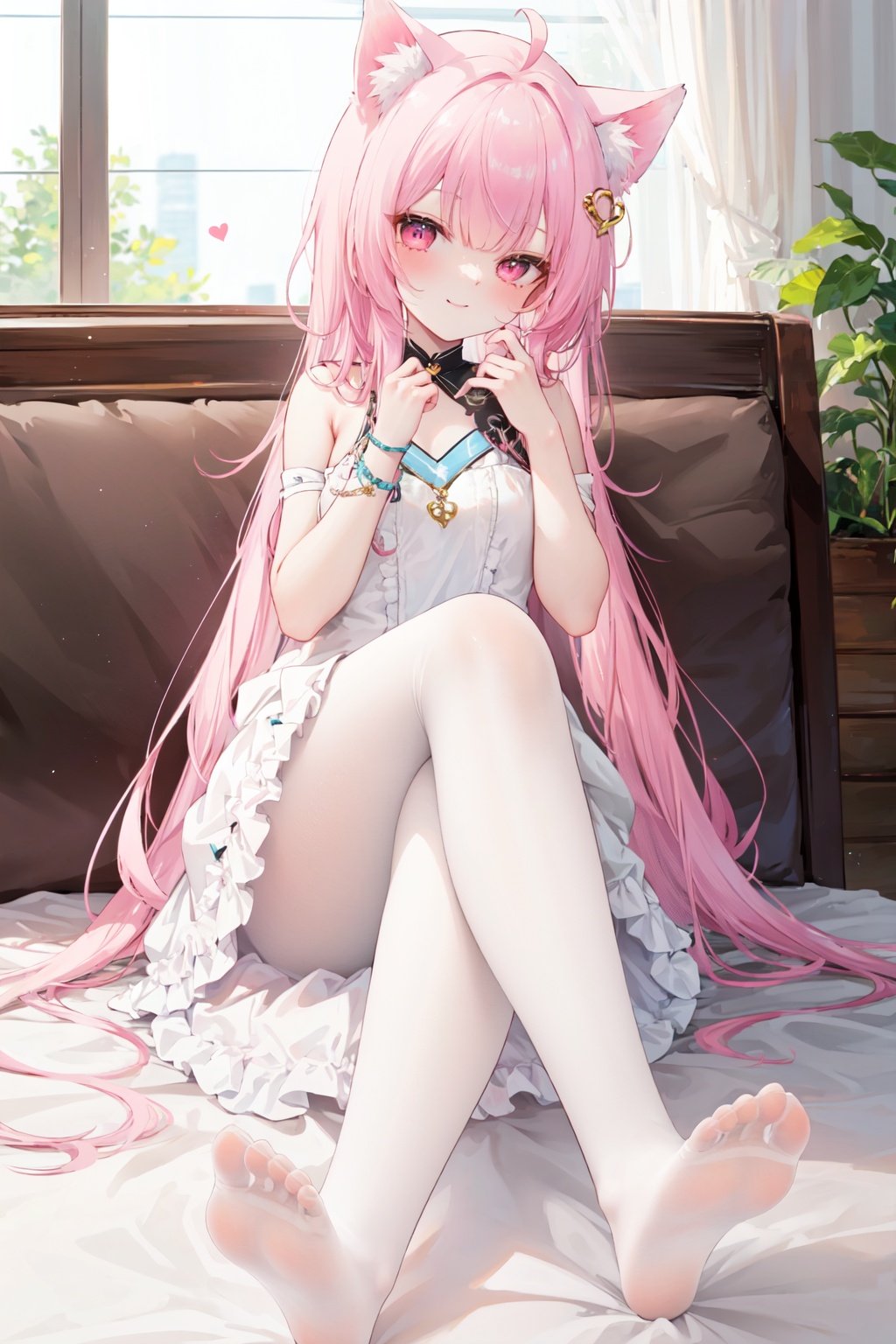 1girl,solo,white pantyhose,long hair,no shoes,feet,pink hair,smile,pantyhose,animal ears,sitting,pink eyes,dress,hair flower,flower,hair ornament,looking at viewer,legs,ahoge,toes,crossed legs,blush,bangs,closed mouth,heart,heart ahoge,soles,white dress,very long hair,full body,bare shoulders,virtual youtuber,frills,<lora:guizhencaoprohdLycoris:0.6>,