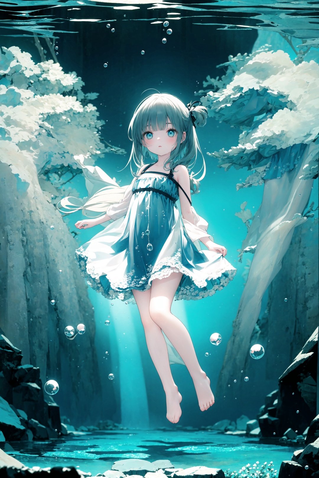  
parameters

wide shot,(solo:1.3),dramatic angle,(underwater:1.2),masterpiece,best quality,intricate detail,1girl,swimming,loli,(long hair:1.2),solo,expressionless,blue eyes,looking_up,shoulder strap dress,floating hair,floating clothes,god rays,bubble,barefoot,(full body:1.2),outstretched arm,
