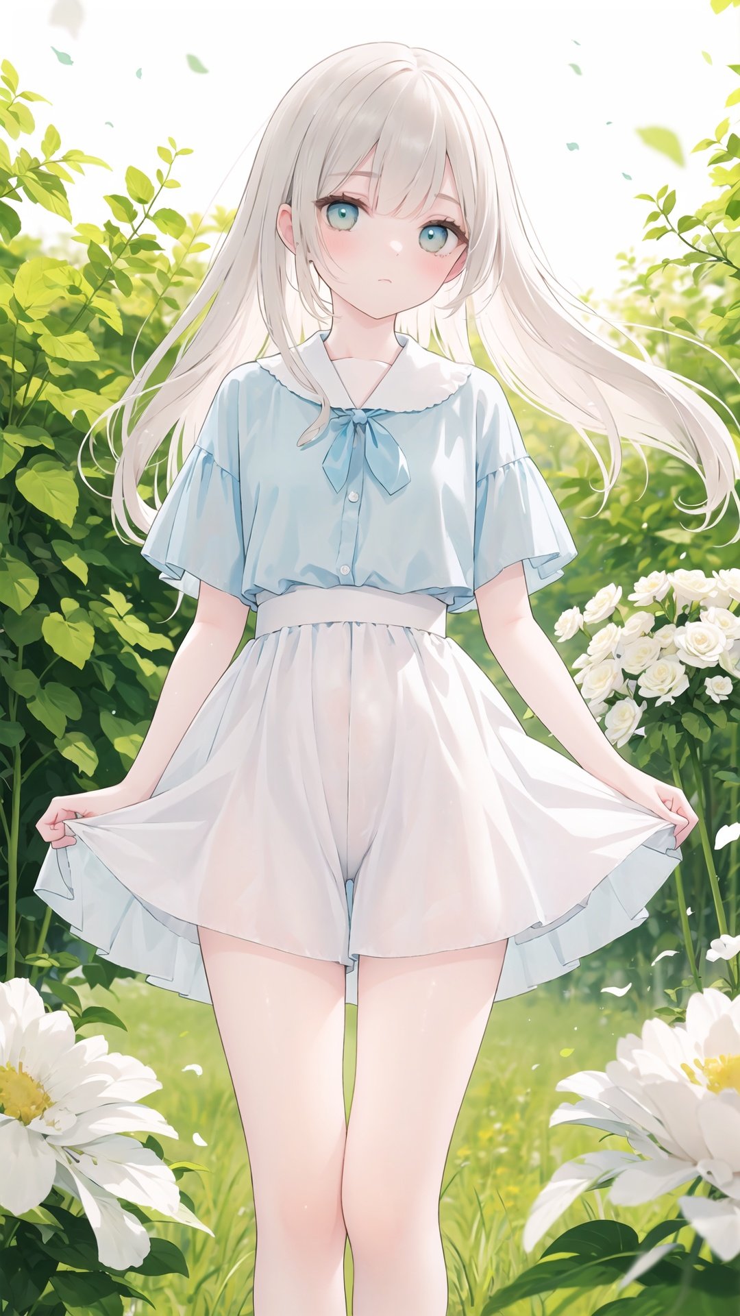 A melancholic autumn scene in a vast flower field,a gentle breeze rustling through the dry grass,fallen leaves scattered among the flowers, a bittersweet atmosphere, a moment of quiet contemplation,1girl,long hair,white_skirt, high-waist_shorts, outfit ,roses,(dynamic angle:1.1),vivid,Soft and warm color palette, delicate brushwork, evocative use of light and shadow, wide shot,subtle details in the wilting flowers,high contrast,color contrast,
wind, breeze, floating hair, (depth of field, bokeh, blurry)
