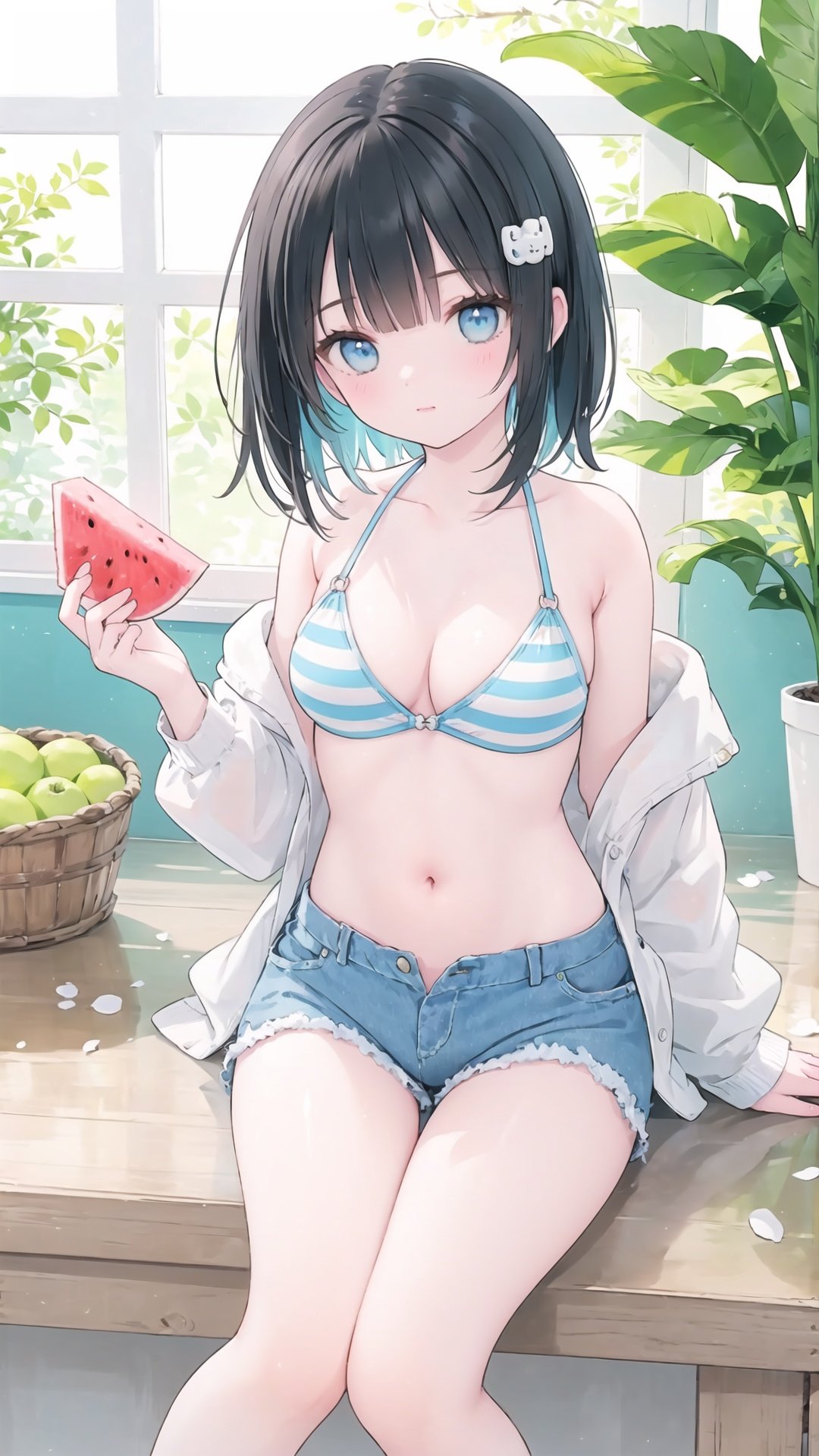 finely detail, Depth of field, (((masterpiece))), ((extremely detailed CG unity 8k wallpaper)), best quality, high resolution illustration, Amazing, highres, intricate detail, best illumination, best shadow, hand fan, paper fan, solo, long hair, 1girl, looking at viewer, watermelon, striped bikini, shorts, black hair, swimsuit, breasts, uchiwa, holding, navel, soaking feet, short shorts, striped, bikini, sitting, blue eyes, water, fruit, blue shorts, hair ornament, open clothes, denim, off shoulder, food, holding fan, collarbone, cleavage, denim shorts, jacket, thighs, hairclip, leaf, bare shoulders