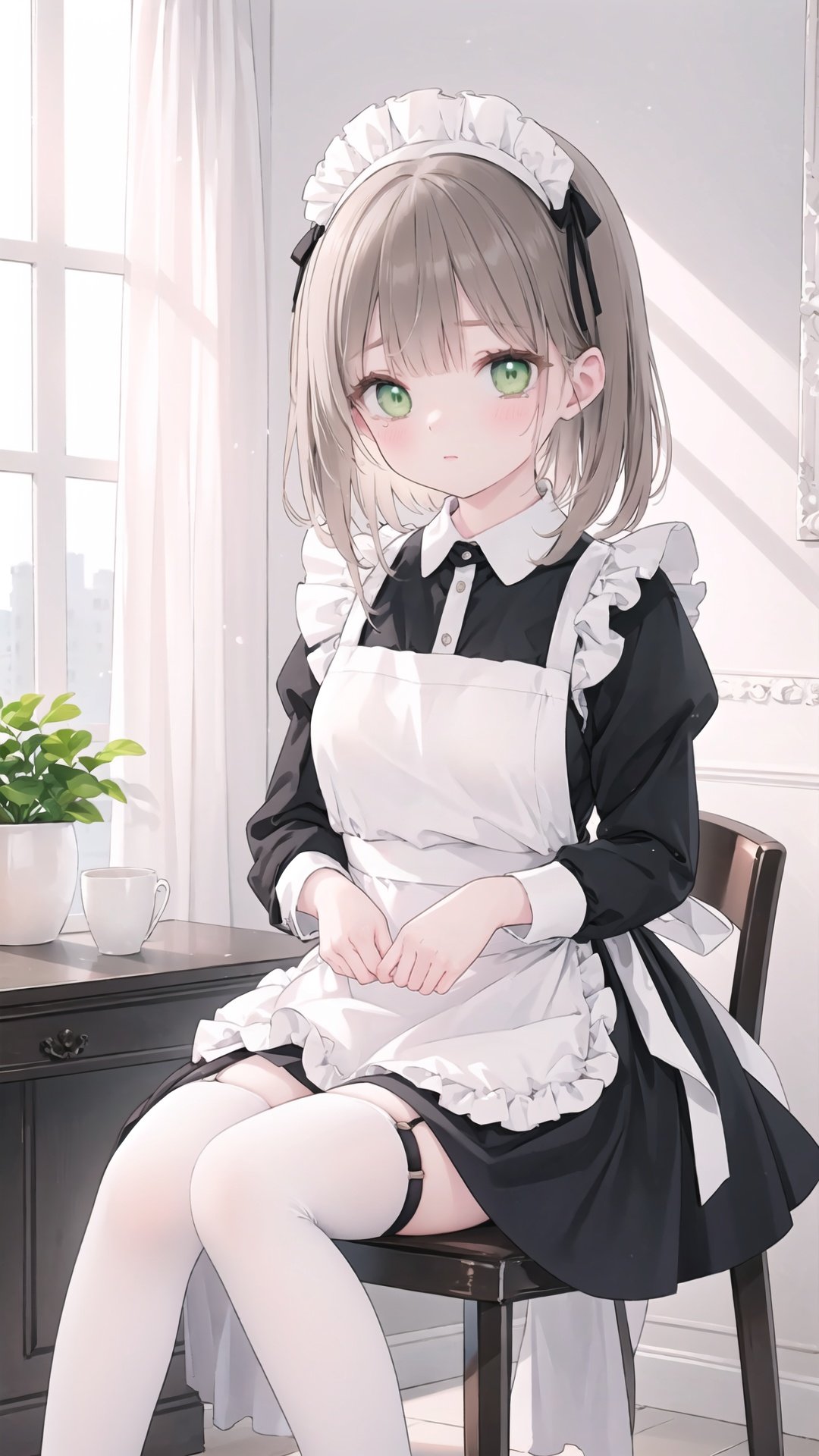 finely detail, Depth of field, (((masterpiece))), ((extremely detailed CG unity 8k wallpaper)), best quality, high resolution illustration, Amazing, highres, intricate detail, best illumination, best shadow, 1girl, solo, thighhighs, maid, maid headdress, green eyes, white thighhighs, brown hair, long hair, apron, tears, long sleeves, indoors, sitting, bangs, dress, black dress, feet out of frame, white apron, garter straps, spill, curtains, blush, maid apron