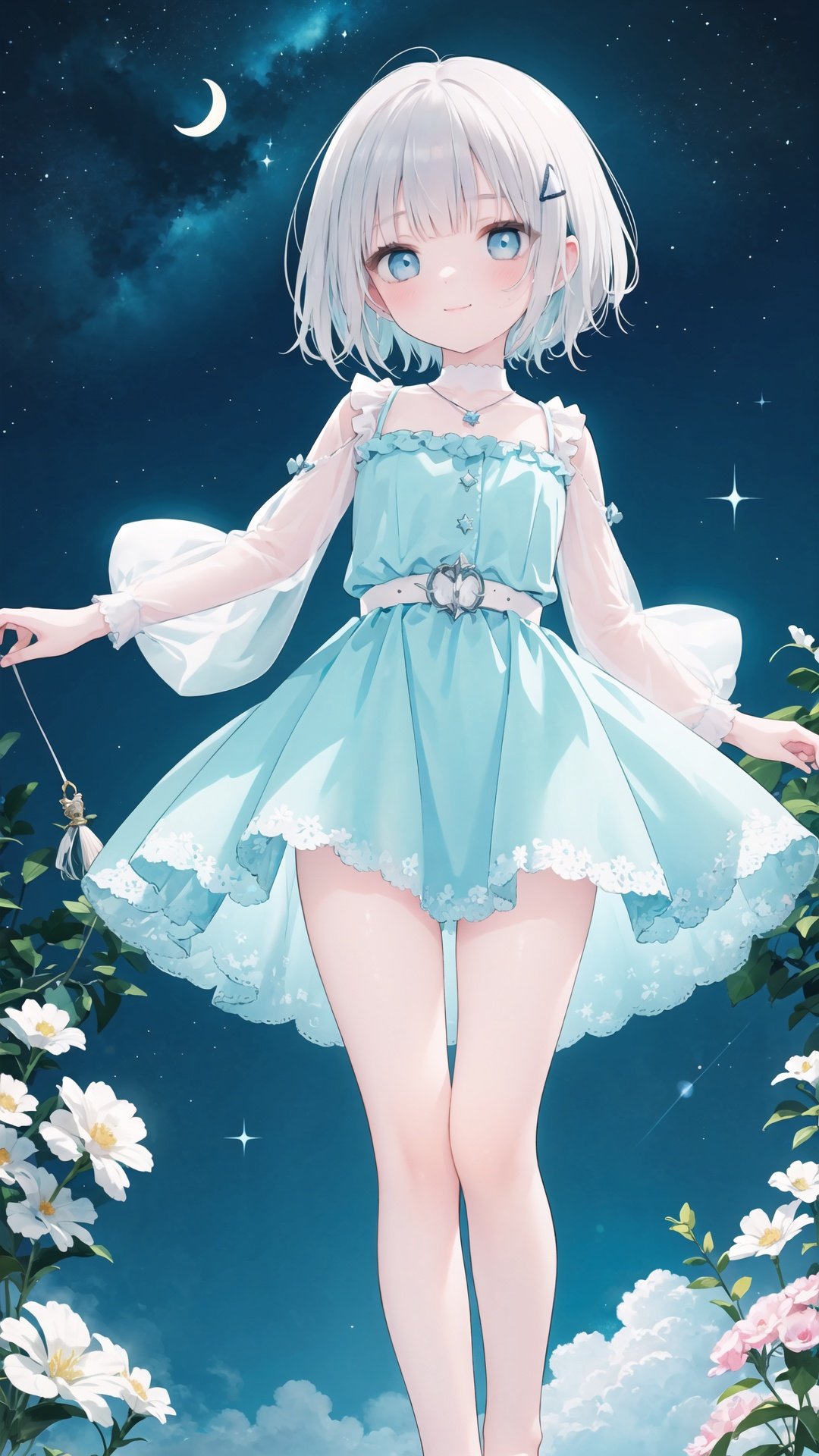 1girl, solo, watercolor, delicate strokes, shimmering hues, transparent, ethereal, crystal-clear, twinkling, light refracting, youthful, innocent, small, petite, short stature, fair complexion, rosy cheeks, bright blue eyes, large round eyes, wide-eyed, gentle smile, silver hair, bob cut, chin-length, hair clip, star-shaped hair clip, deep blue eyes, round face, childlike innocence, slender frame, slender arms, small breasts, frilly dress, pastel colors, lavender dress, lace details, puffy sleeves, knee-length skirt, ribbon belt, crystal necklace, barefoot, floating in mid-air, dreamy background, starry night sky, celestial patterns, twinkling stars, crescent moon, shimmering constellations.