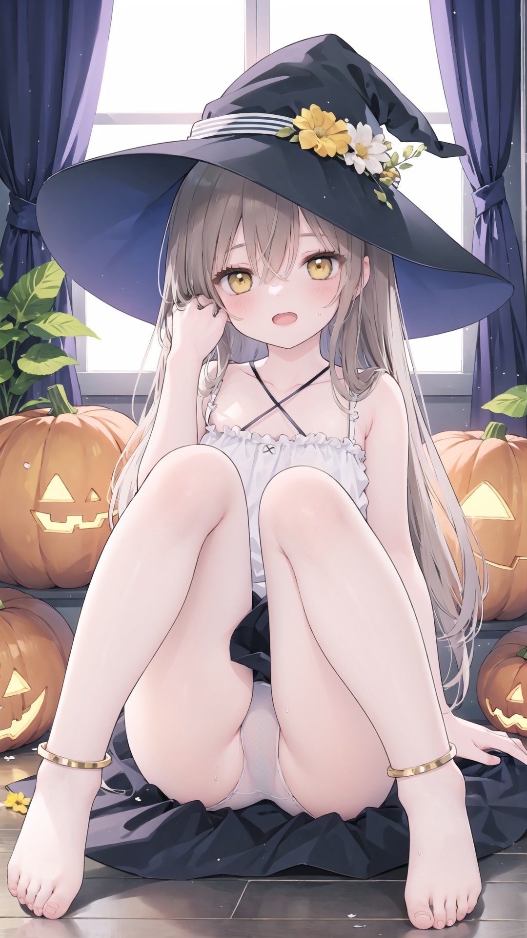 1girl, hat, witch hat, solo, long hair, barefoot, brown hair, dress, knees up, white dress, looking at viewer, underwear, panties, sitting, window, feet, bangs, anklet, indoors, yellow eyes, toes, white panties, blush, bare shoulders, open mouth, very long hair, hair between eyes, jack-o'-lantern, sleeveless dress, black headwear, curtains, collarbone, bare legs, wooden floor, sweat, flower, halterneck, halloween, sundress, on floor, brown eyes, frills, pumpkin, jewelry, full body, pantyshot