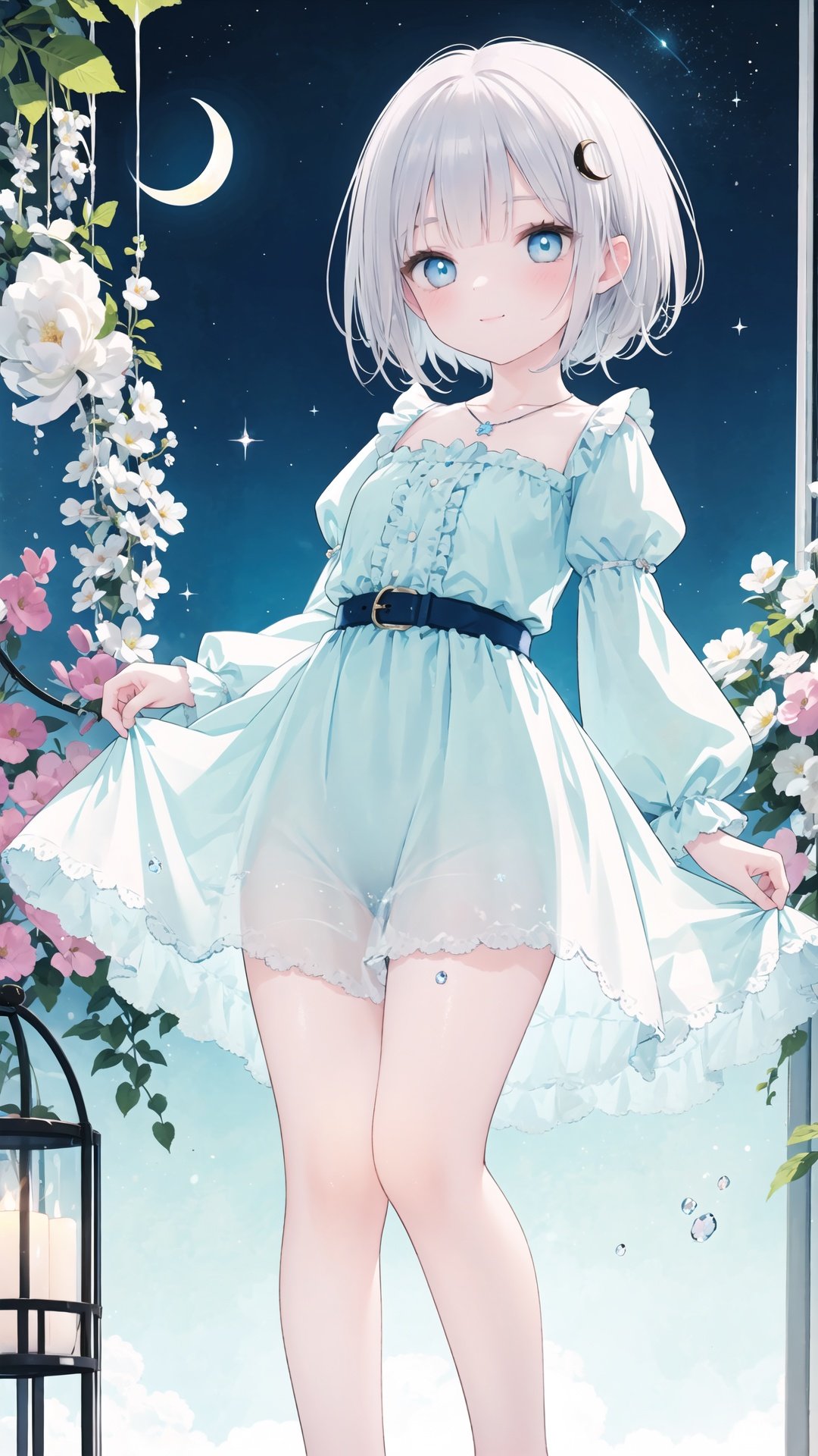 1girl, solo, watercolor, delicate strokes, shimmering hues, transparent, ethereal, crystal-clear, twinkling, light refracting, youthful, innocent, small, petite, short stature, fair complexion, rosy cheeks, bright blue eyes, large round eyes, wide-eyed, gentle smile, silver hair, bob cut, chin-length, hair clip, star-shaped hair clip, deep blue eyes, round face, childlike innocence, slender frame, slender arms, small breasts, frilly dress, pastel colors, lavender dress, lace details, puffy sleeves, knee-length skirt, ribbon belt, crystal necklace, barefoot, floating in mid-air, dreamy background, starry night sky, celestial patterns, twinkling stars, crescent moon, shimmering constellations.