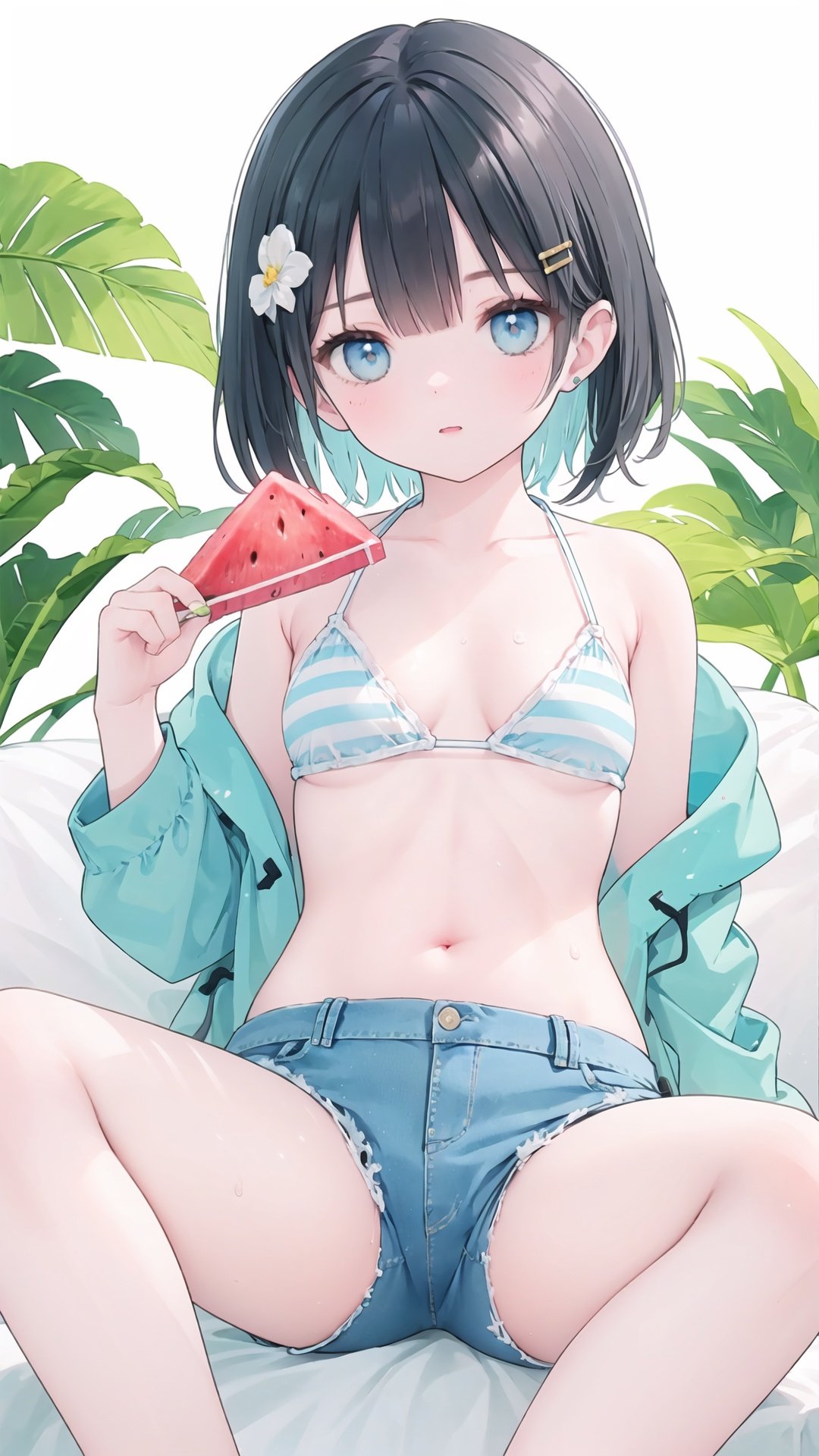 finely detail, Depth of field, (((masterpiece))), ((extremely detailed CG unity 8k wallpaper)), best quality, high resolution illustration, Amazing, highres, intricate detail, best illumination, best shadow, hand fan, paper fan, solo, long hair, 1girl, looking at viewer, watermelon, striped bikini, shorts, black hair, swimsuit, breasts, uchiwa, holding, navel, soaking feet, short shorts, striped, bikini, sitting, blue eyes, water, fruit, blue shorts, hair ornament, open clothes, denim, off shoulder, food, holding fan, collarbone, cleavage, denim shorts, jacket, thighs, hairclip, leaf, bare shoulders