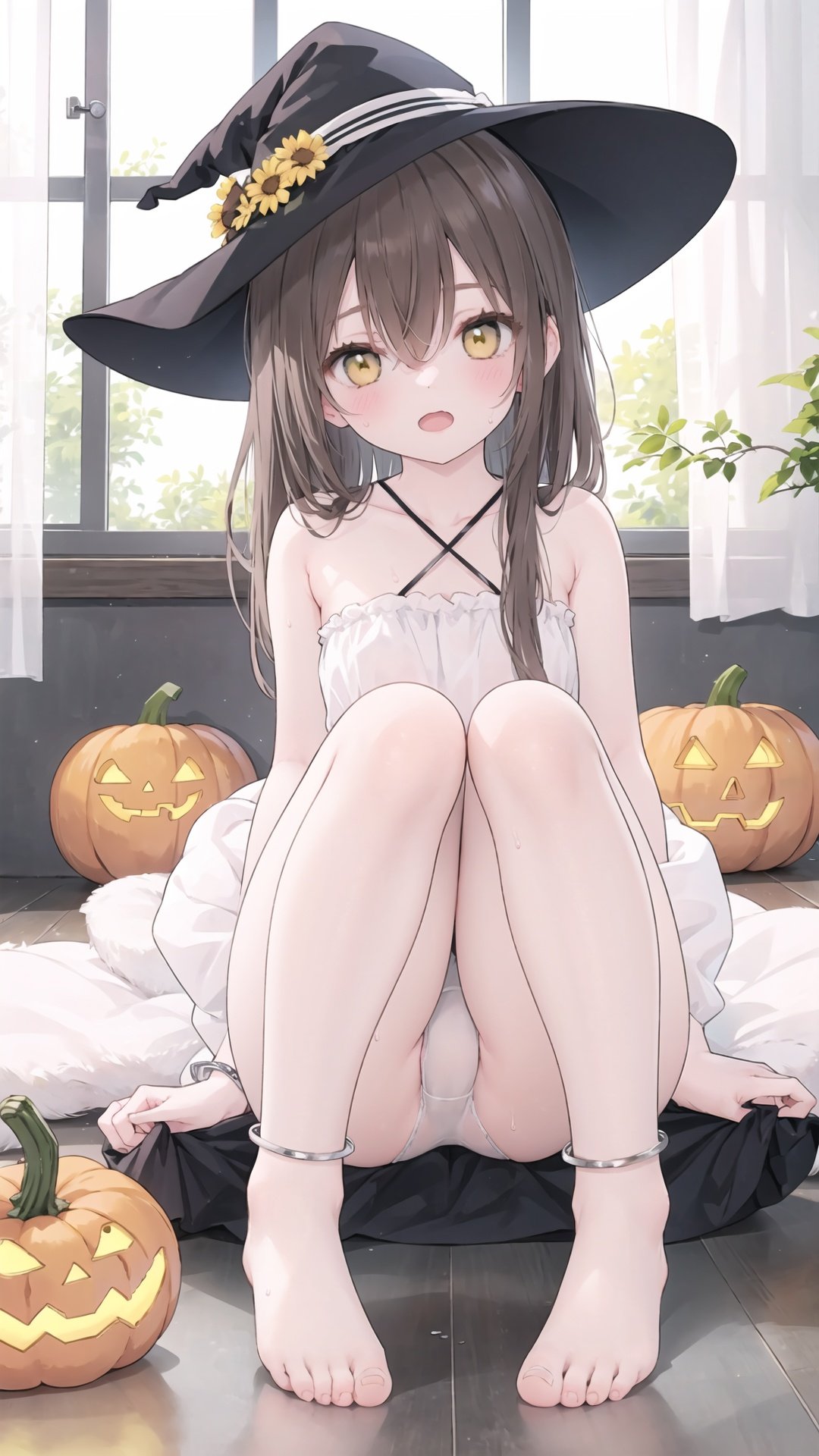 1girl, hat, witch hat, solo, long hair, barefoot, brown hair, dress, knees up, white dress, looking at viewer, underwear, panties, sitting, window, feet, bangs, anklet, indoors, yellow eyes, toes, white panties, blush, bare shoulders, open mouth, very long hair, hair between eyes, jack-o'-lantern, sleeveless dress, black headwear, curtains, collarbone, bare legs, wooden floor, sweat, flower, halterneck, halloween, sundress, on floor, brown eyes, frills, pumpkin, jewelry, full body, pantyshot