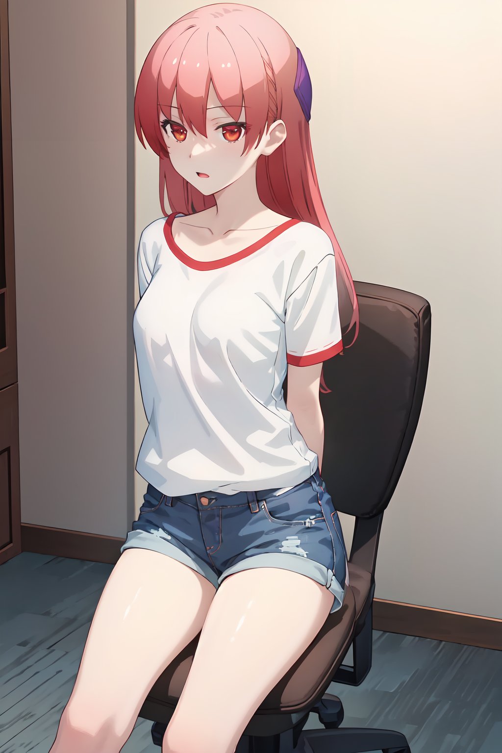 (masterpiece:1.2), best quality, masterpiece, highres, original, extremely detailed wallpaper, perfect lighting,(extremely detailed CG:1.2), tsukasa, sitting on chair, female shirt, shorts, denim shorts, short sleeves, arms behind back