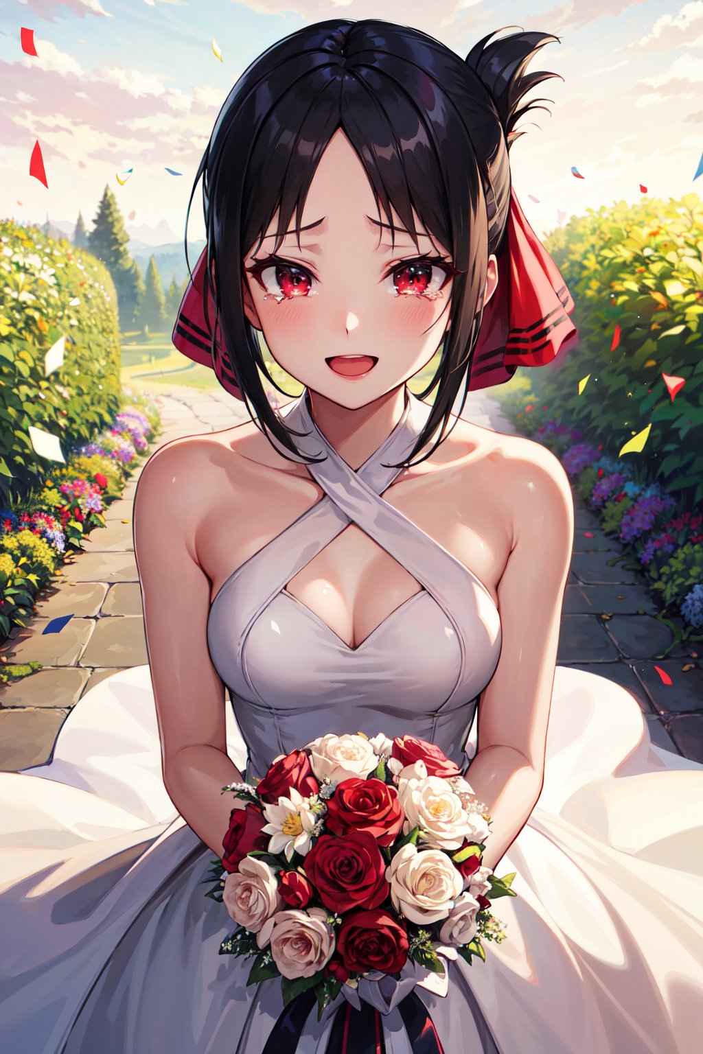 masterpiece, best quality, highres, aakaguya, short hair, folded ponytail, hair ribbon, parted bangs, <lora:shinomiya_kaguya_v1:0.7>, wedding dress, white gloves, criss-cross halter, chocker, upper body, garden, tears, smile, open mouth, holding bouquet, confetti, 