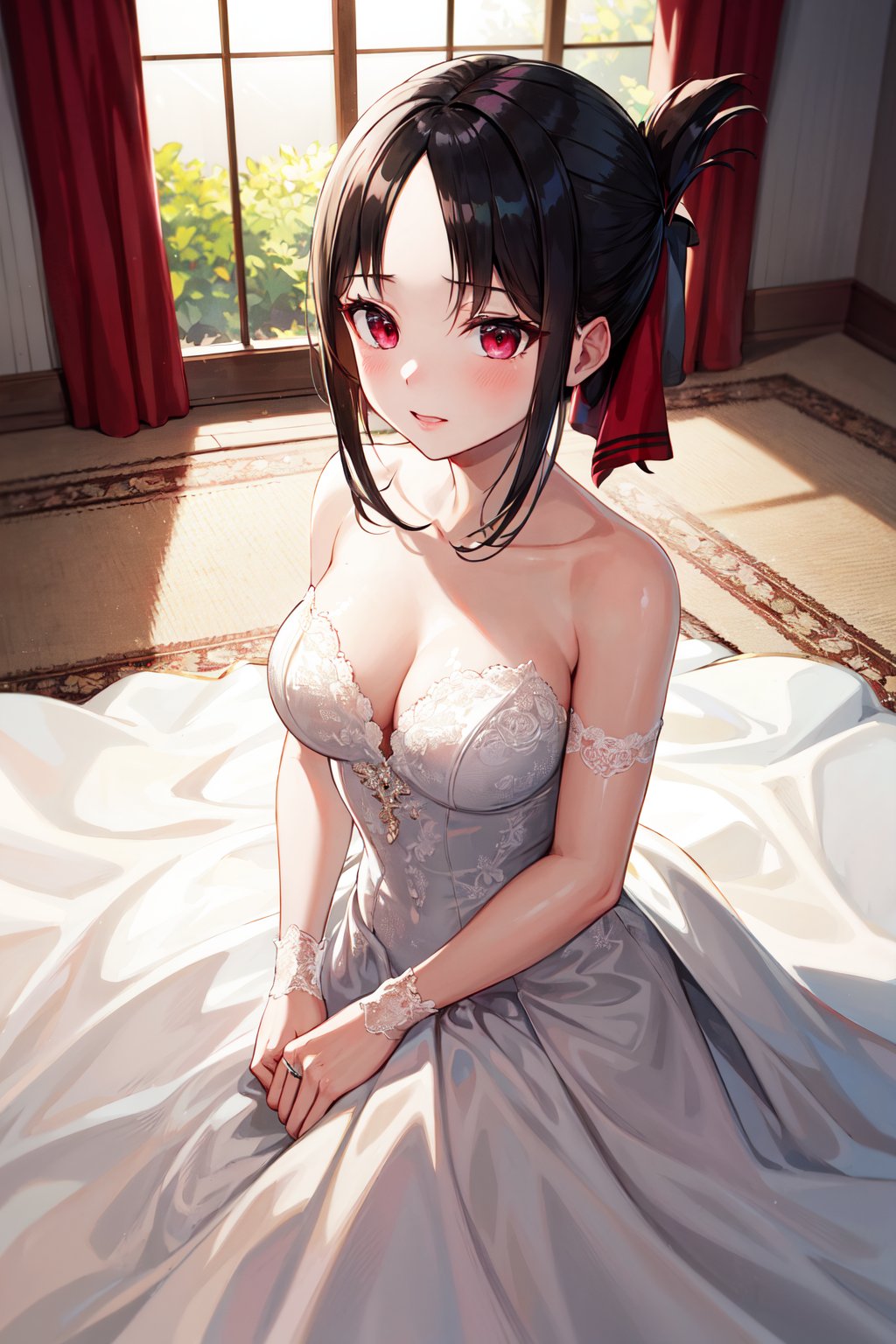 masterpiece, best quality, highres, aakaguya, short hair, folded ponytail, hair ribbon, parted bangs, <lora:shinomiya_kaguya_v1:0.7>, wedding dress, 