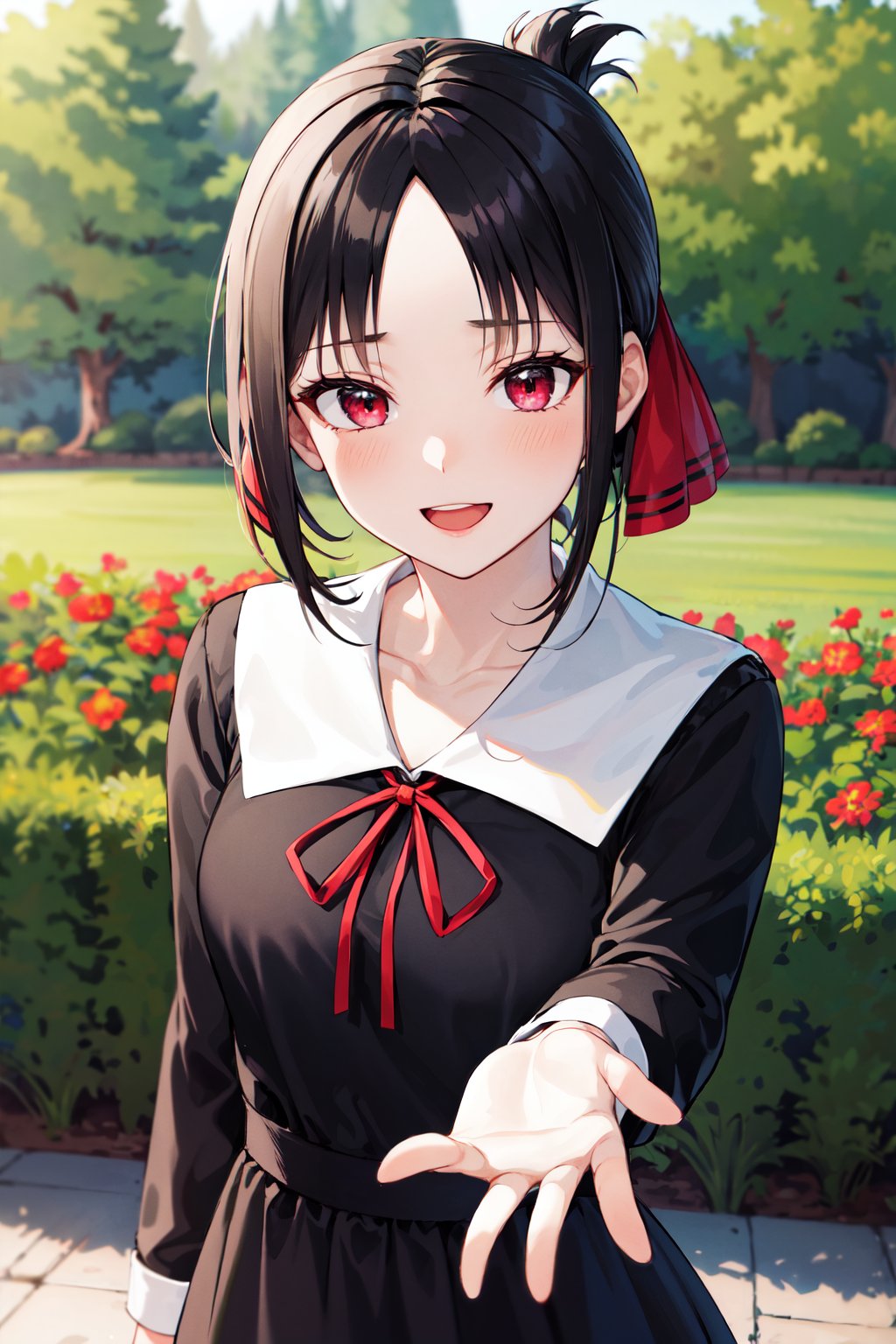 masterpiece, best quality, highres, aakaguya, short hair, folded ponytail, hair ribbon, parted bangs, neck ribbon, red ribbon, black dress, black shirt, long sleeves, black sleeves, <lora:shinomiya_kaguya_v1:0.7>, reaching out, smile, open mouth, garden