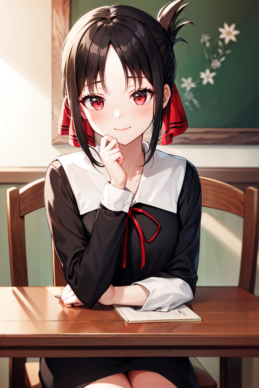 masterpiece, best quality, highres, aakaguya, short hair, folded ponytail, hair ribbon, parted bangs, neck ribbon, red ribbon, black dress, black shirt, long sleeves, black sleeves, <lora:shinomiya_kaguya_v1:0.7>, indoors, smile, closed mouth, sitting, chair,