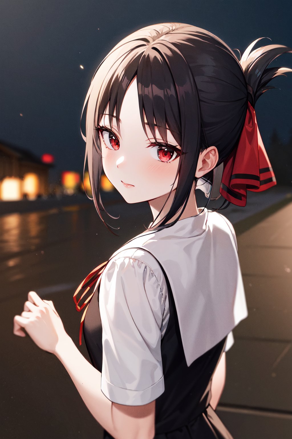 masterpiece, best quality, highres, bbkaguya, short hair, folded ponytail, hair ribbon, parted bangs, neck ribbon, red ribbon, pinafore dress, white shirt, short sleeves, <lora:shinomiya_kaguya_v1:0.7>, night, from behind, looking at viewer, 